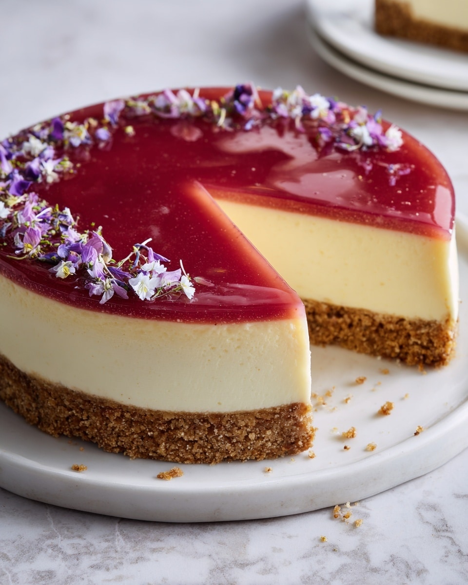 A close-up view of a three-layered cheesecake on a white plate set on a white marbled surface, with one triangular slice slightly pulled out. The bottom layer is a thick, crumbly brown crust with a rough texture. The middle layer is a creamy, light yellow cheesecake layer, smooth and firm. The top layer is a glistening, thick reddish-pink topping, spread evenly with a soft, glossy texture. Small purple and white edible flowers decorate the edge of the cheesecake. Photo taken with an iphone --ar 4:5 --v 7
