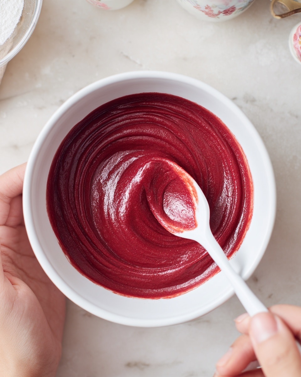 A top view of a white bowl filled with thick, deep red creamy mixture with a smooth texture, showing swirls made by stirring. Near the bowl, a white spoon with red mixture on its edge is held by a woman's hand, partly visible at the top right. The bowl sits on a white marbled surface, with hints of other kitchen items slightly out of focus around the edges, adding to the cozy setting. photo taken with an iphone --ar 4:5 --v 7