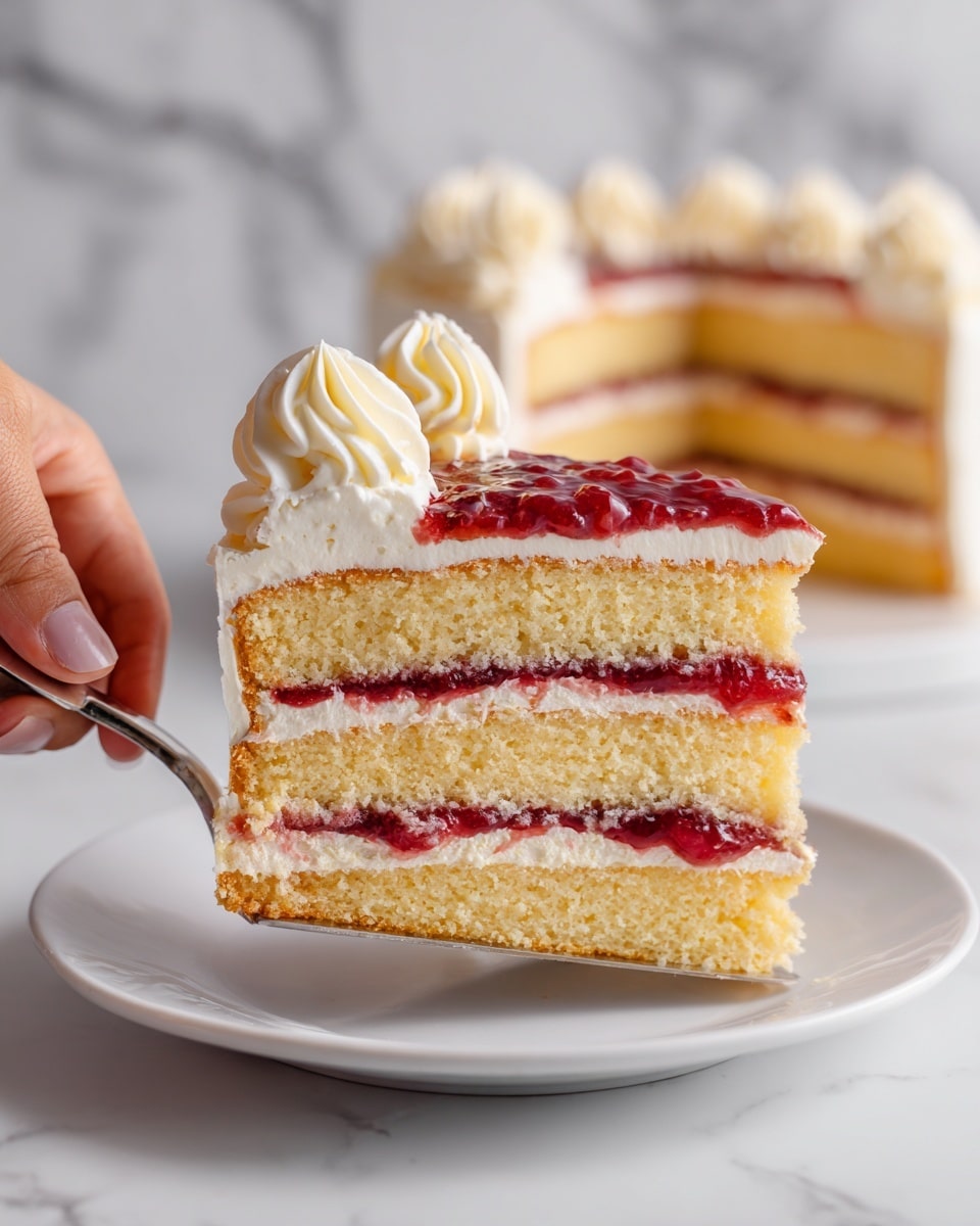 A slice of two-layer yellow cake on a white plate, each layer separated by a thin red jam filling. The top has a smooth cream layer with a thick red jam spread partially covering it, and two swirls of white cream piped on one side. The cake looks soft with a light golden-yellow color. A woman's hand is holding a cake server underneath the slice, lifting it gently. In the background, the rest of the cake with the same layering is partially visible on a white plate, all set against a white marbled surface. photo taken with an iphone --ar 4:5 --v 7