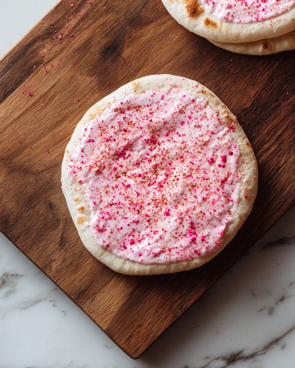 The image shows two white small flatbreads placed on a dark brown wooden board with a white marbled background. One flatbread is fully visible in the center with a pinkish spread covering its surface evenly, topped with a light sprinkling of red powder. The second flatbread is partially shown at the top left of the image, mostly uncovered but with some pinkish spread along its left edge. The wooden board has a rich, warm tone with natural grain patterns. Photo taken with an iphone --ar 4:5 --v 7