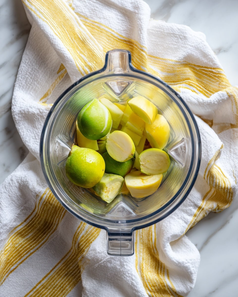 A clear blender container sits on a white marbled surface, with several pieces of peeled and sliced green and yellow fruit inside. The fruit pieces have a soft texture and are uneven in size, resting at the bottom center of the blender. In the background, a white cloth with yellow striped patterns is casually draped, adding a soft contrast to the scene. Photo taken with an iphone --ar 4:5 --v 7