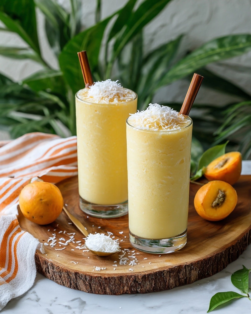 Two tall clear glasses filled with a smooth light yellow drink topped with white shredded coconut are placed on a round wooden board with bark edges. Each glass has a brown straw standing inside. One sliced guava and one whole guava rest on the wooden board near the glasses. A small gold spoon with more shredded coconut lies next to the guavas. A white cloth with orange stripes is folded behind the board, and leafy green plants in the background add a fresh look. The whole scene sits on a white marbled surface. Photo taken with an iphone --ar 4:5 --v 7