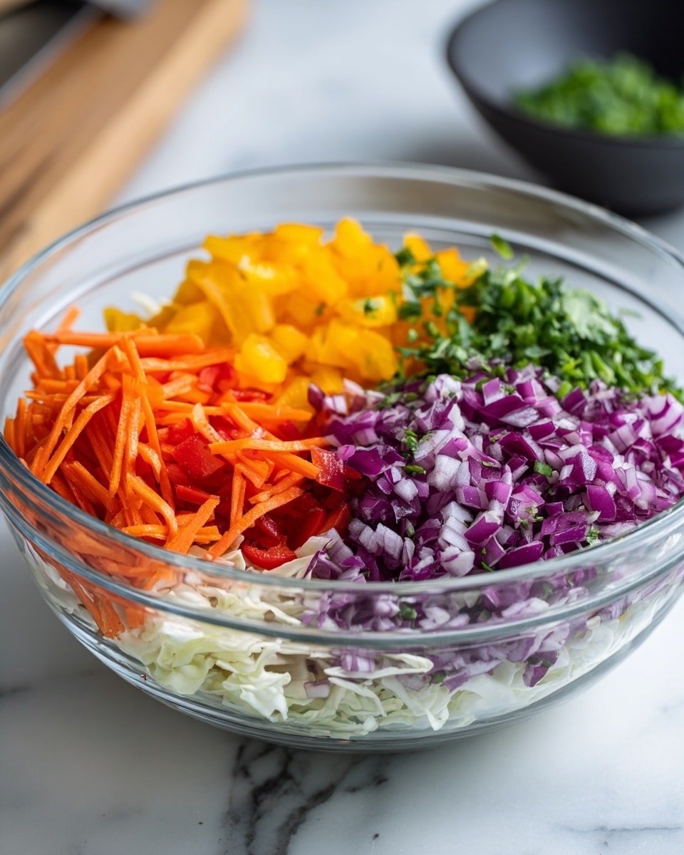 A clear glass bowl sits on a white marbled surface, filled with layers of colorful chopped vegetables. The bottom layer consists of shredded white cabbage mixed with light purple cabbage. On top of that, three distinct sections of finely chopped vegetables are arranged: bright orange carrot sticks piled on the left side, small yellow bell pepper pieces in the middle back, and finely chopped red onion with scattered green herbs on the right front. A small amount of chopped green onions and cilantro is sprinkled on top. In the blurred background, a dark bowl is partly visible. Photo taken with an iphone --ar 4:5 --v 7