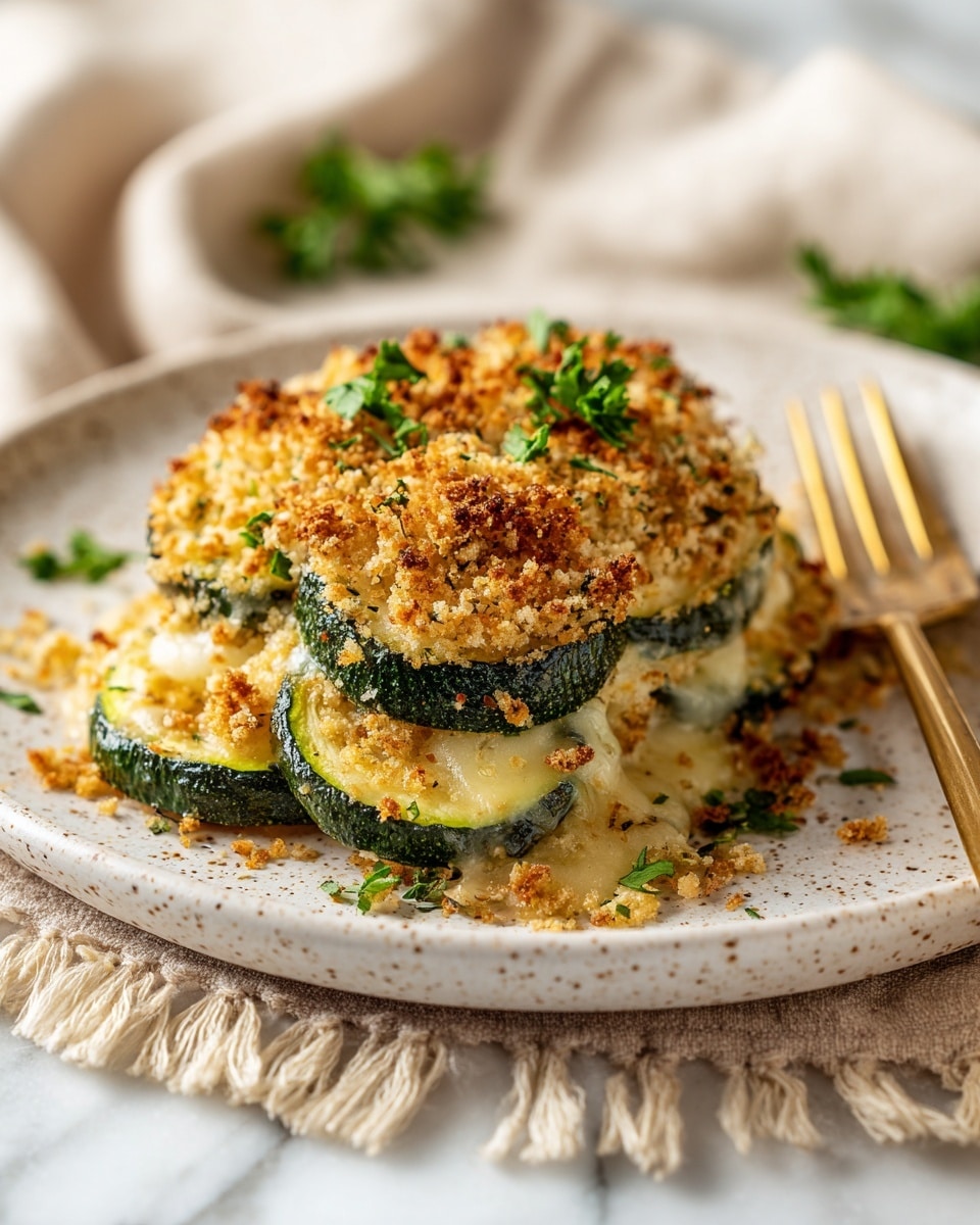 A close-up view of a white speckled plate filled with a layered zucchini dish, featuring round green zucchini slices topped with a golden-brown breadcrumb crust. The dish has visible layers starting with sliced zucchini at the bottom, followed by melted cheese, and topped with a crunchy, golden breadcrumb layer. Small green parsley leaves are scattered on top, adding a touch of fresh color. A gold fork is partially visible on the right side of the plate. The plate is set on a white marbled textured surface with a beige fringed cloth partially in view. Photo taken with an iphone --ar 4:5 --v 7