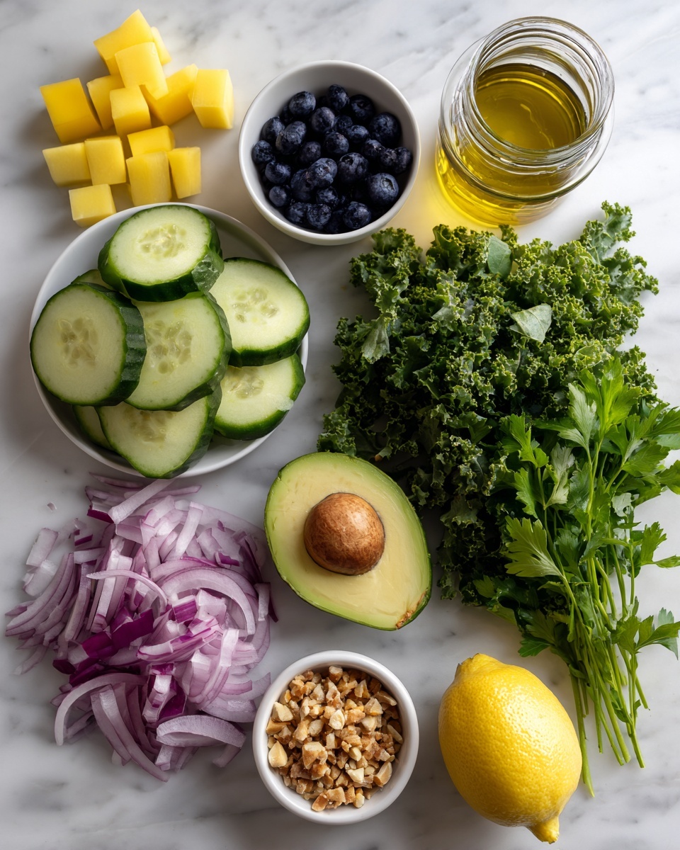 The image shows separate fresh ingredients laid out on a white marbled surface. From left to right, there are small bright yellow cubes, a whole cucumber next to sliced round cucumbers in light green, a halved red onion combining dark purple and white layers with finely chopped pieces below it, a large bunch of curly bright green leafy greens, a halved avocado showing its dark green skin and yellow-green inside with a brown seed, a small white bowl filled with dark blue blueberries, another small white bowl with light brown crushed nuts, a clear jar with golden oil, a half lemon with light yellow flesh, and a bunch of fresh green parsley on the far right. The items create a colorful and fresh display with clear separation. photo taken with an iphone --ar 4:5 --v 7