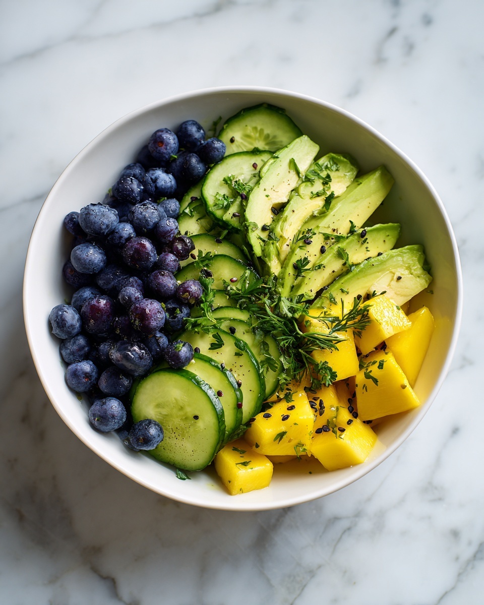 A white bowl filled with a colorful salad placed on a white marbled surface, with the bottom layer made of bright yellow mango chunks, followed by a layer of fresh green cucumber slices arranged on top. There are also slices of light green avocado placed among the cucumbers, and the whole bowl is sprinkled with deep blue blueberries and small black seeds. Small green parsley leaves are scattered carefully on top, adding tiny touches of green to the mix photo taken with an iphone --ar 4:5 --v 7