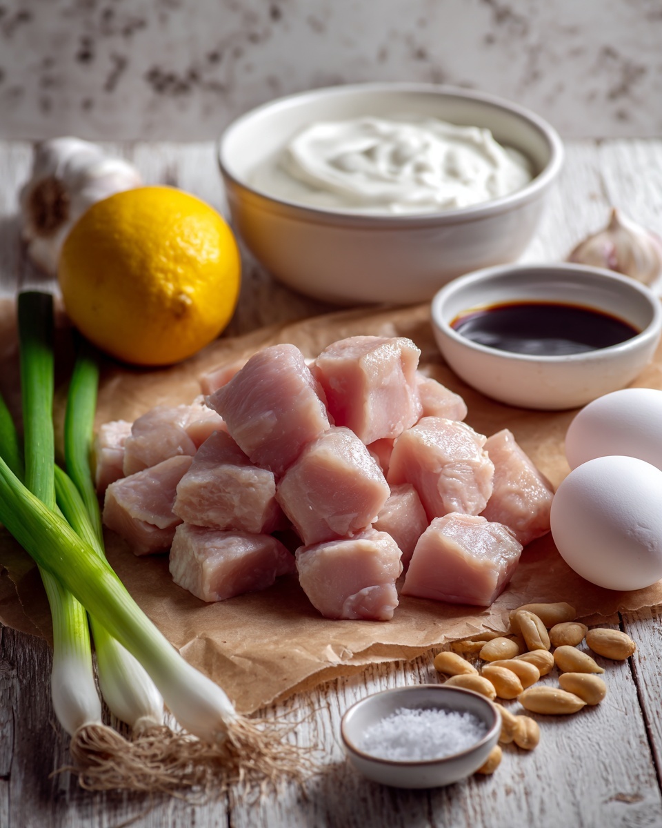 The image shows raw diced pale pink chicken pieces placed on brown parchment paper on a wooden table with a rough texture. There are two fresh green onions lying diagonally next to the chicken, a whole yellow lemon nearby, and a garlic bulb with a white papery skin close to the bottom left corner. Two white eggs rest on the table to the right of the chicken. A small white bowl filled with thick white yogurt sits near the top right. Two small white dishes contain dark soy sauce and some white coarse salt respectively, along with some peanuts scattered loosely on the table near the bottom right. The background is a white marbled textured wall. photo taken with an iphone --ar 4:5 --v 7