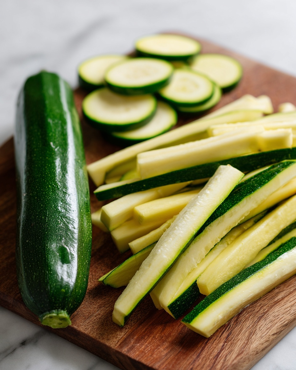 A close-up image of a green zucchini and its peeled slices placed on a brown wooden cutting board with a white marbled surface in the background. The zucchini is whole and shiny, dark green in color, lying horizontally on the left side of the cutting board. On the right side, there are long, peeled zucchini strips showing a pale yellow inside and some green skin along the edges. At the top, there are round zucchini slices showing the pale inner flesh and green skin, arranged loosely in a small pile. photo taken with an iphone --ar 4:5 --v 7