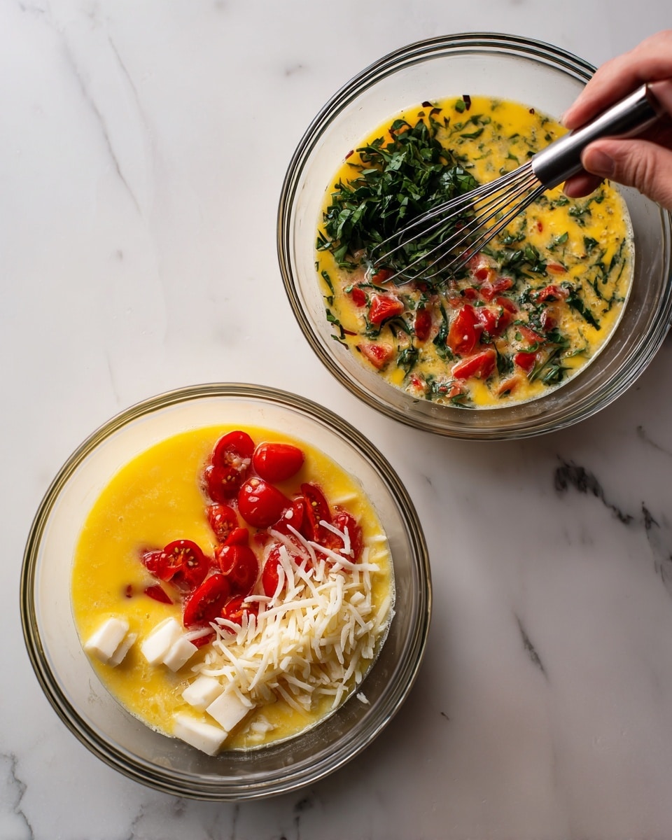 Two clear glass bowls sit on a white marbled surface, each holding a mixture for an egg dish. In the left bowl, there is a bright yellow layer of beaten eggs topped with small red cherry tomato halves scattered on the left, a pile of shredded white cheese in the bottom right, small white cheese cubes in the bottom center, and a bunch of chopped leafy green herbs on the top right. The right bowl shows the ingredients after being mixed together, with the yellow egg base blended with small red tomato pieces and green herbs, creating a colorful, speckled mixture. A woman's hand holds a whisk with a black handle, stirring the contents in the right bowl. Photo taken with an iphone --ar 4:5 --v 7