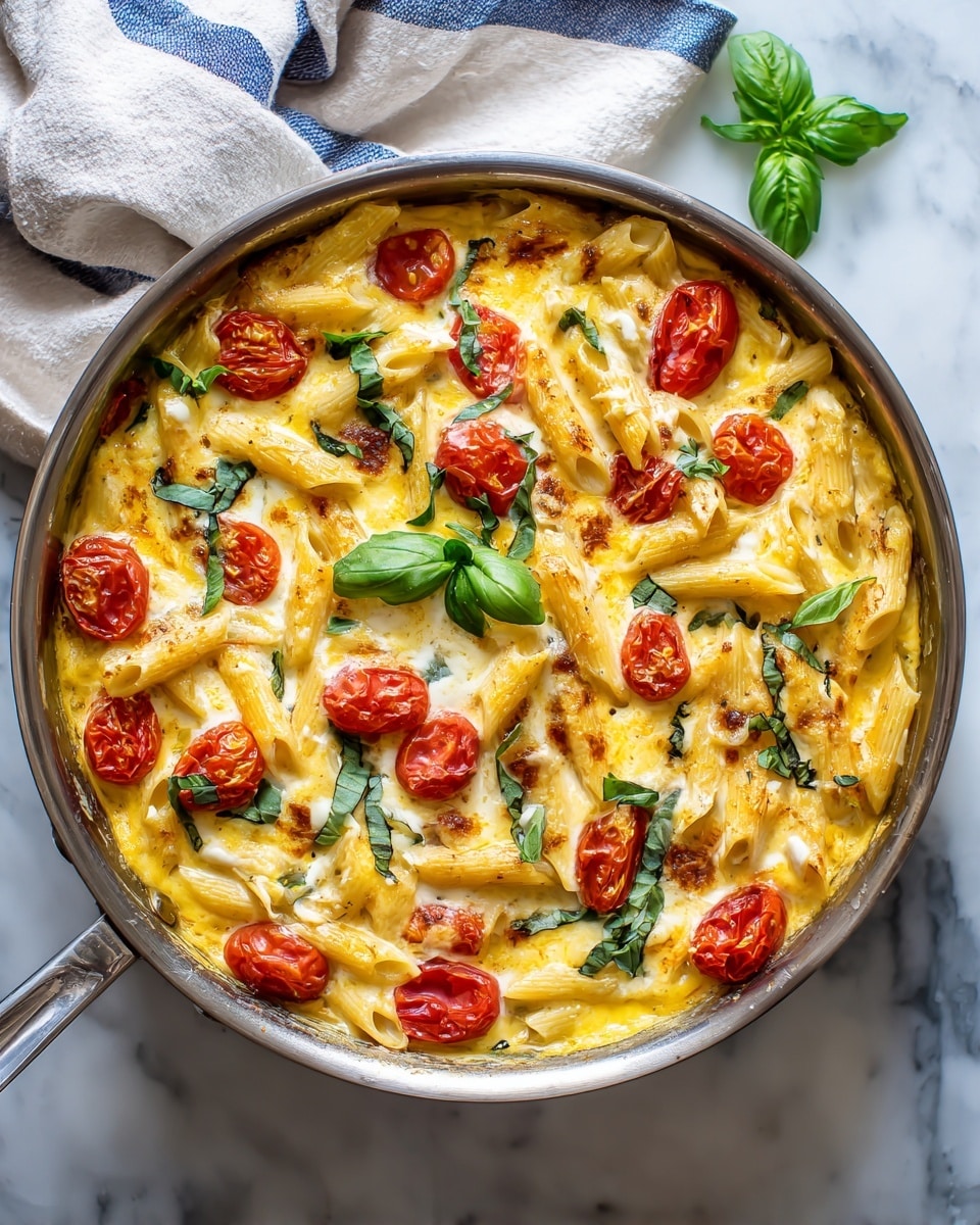 In a round silver pan, there is a baked pasta dish with a golden-yellow egg layer covering most of it. On top, pale yellow penne pasta pieces are spread evenly. Bright red cherry tomato halves are placed on the surface, with some melted white cheese patches mixed in. There are thin green basil leaves scattered around, some bigger whole ones on top. The texture looks creamy and soft with a slight browning on the edges. The pan rests on a white marbled surface next to a light towel with blue stripes. Photo taken with an iphone --ar 4:5 --v 7
