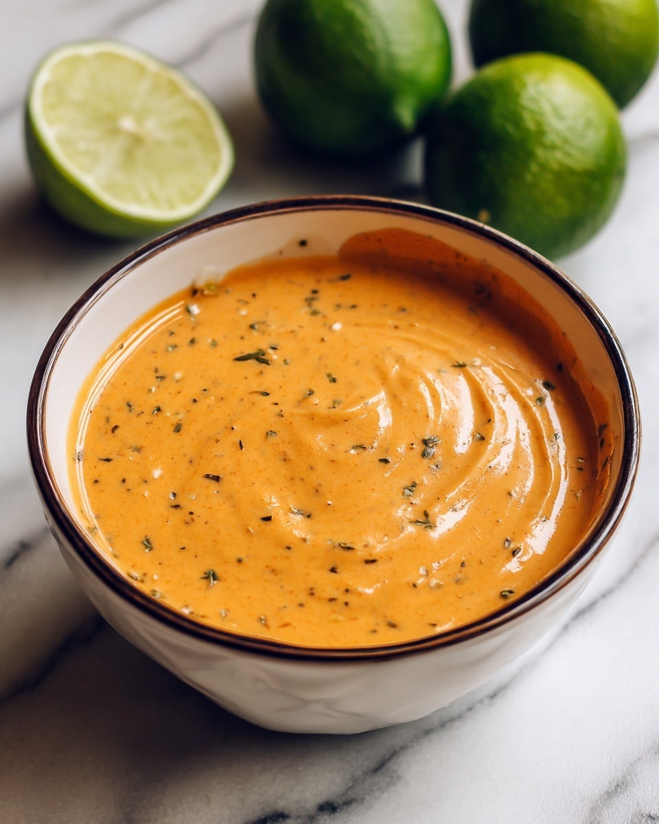 A smooth, creamy orange sauce fills a white bowl with a dark rim, showing small specks of herbs and spices throughout. The sauce surface has a soft swirl pattern. In the background, there are halved green limes resting on a white marbled surface. photo taken with an iphone --ar 4:5 --v 7