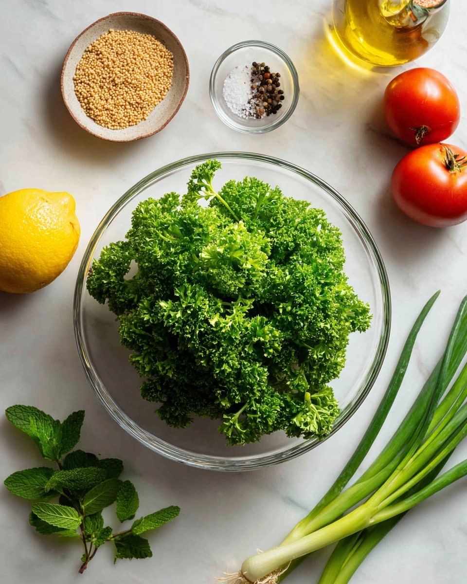 A clear glass bowl filled with a large bunch of bright green curly parsley is placed in the center on a white marbled surface. Around the bowl, there is a yellow lemon on the lower left, a small pile of fresh green mint leaves below the lemon, and a small clear glass bowl with light brown bulgur grains above the lemon. On the upper right, a small clear dish holds some salt and black pepper. To the right side, two red tomatoes sit near a small clear glass bottle of golden olive oil, and to the far right, three fresh green spring onions lie parallel on the surface. The whole scene shows fresh, colorful ingredients neatly arranged. photo taken with an iphone --ar 4:5 --v 7