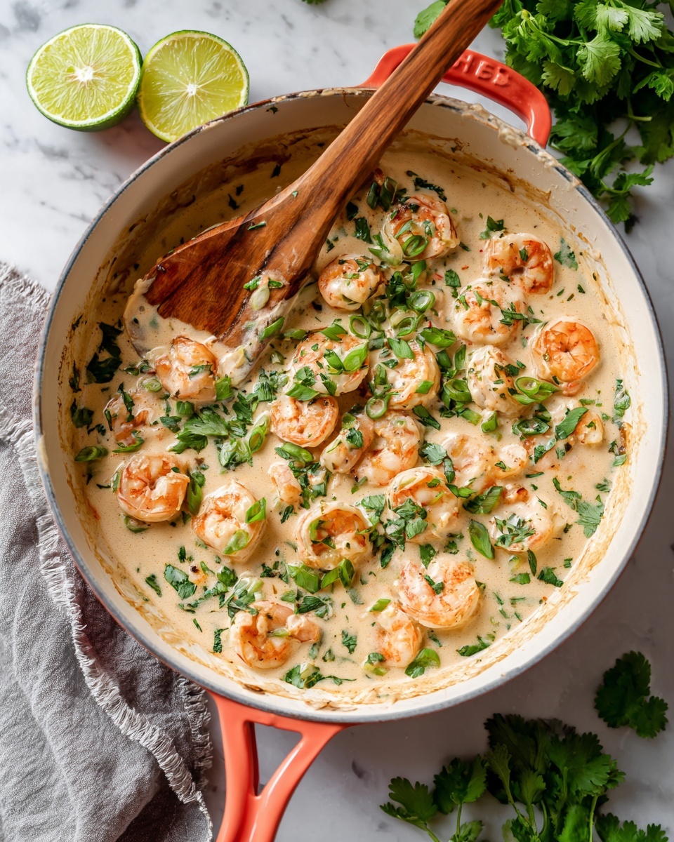 A white pan filled with a creamy light beige sauce with many pink shrimp pieces mixed in, scattered evenly throughout. Small bright green herbs and chopped green onions are spread all over the sauce, adding a fresh look. A wooden spatula with a smooth texture rests on the left side inside the pan, partially covered by the sauce. In the top left corner, there is a halved lime with a light green inside sitting on a gray cloth. Some fresh green cilantro leaves are placed on the white marbled surface at the bottom right. The pan has coral-colored handles. photo taken with an iphone --ar 4:5 --v 7