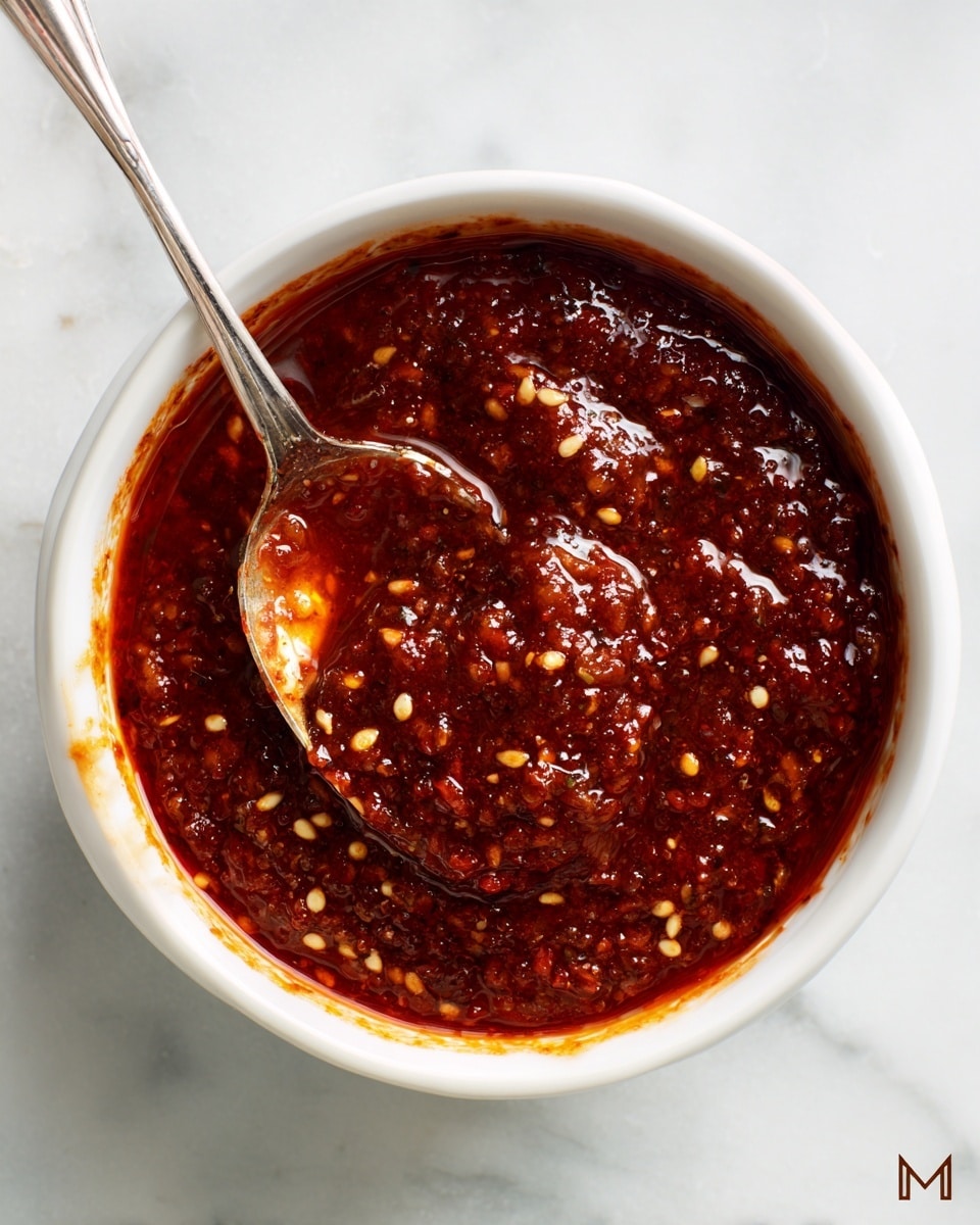 The image shows a close-up of a white bowl filled with a thick, chunky dark red sauce mixed with small bits of garlic and seeds, giving it a textured appearance. The sauce is slightly shiny and coats the sides of the bowl unevenly, with some splashes along the rim. A silver spoon rests inside the bowl with some of the sauce lifted on it. The white bowl sits on a surface with a white marbled texture. Photo taken with an iphone --ar 4:5 --v 7