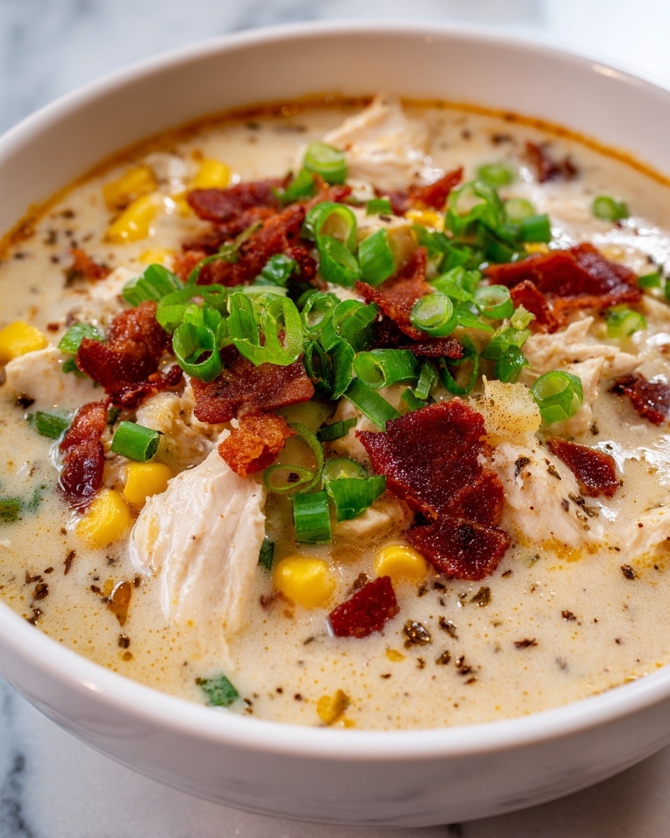 A close-up view of a creamy soup showing several layers and ingredients: a thick light beige base with specks of black pepper, tender white chicken pieces, chunks of yellow corn, crispy reddish-brown bacon bits, and small slices of vibrant green onions scattered on top. The soup fills a white bowl resting on a white marbled surface. Photo taken with an iphone --ar 4:5 --v 7