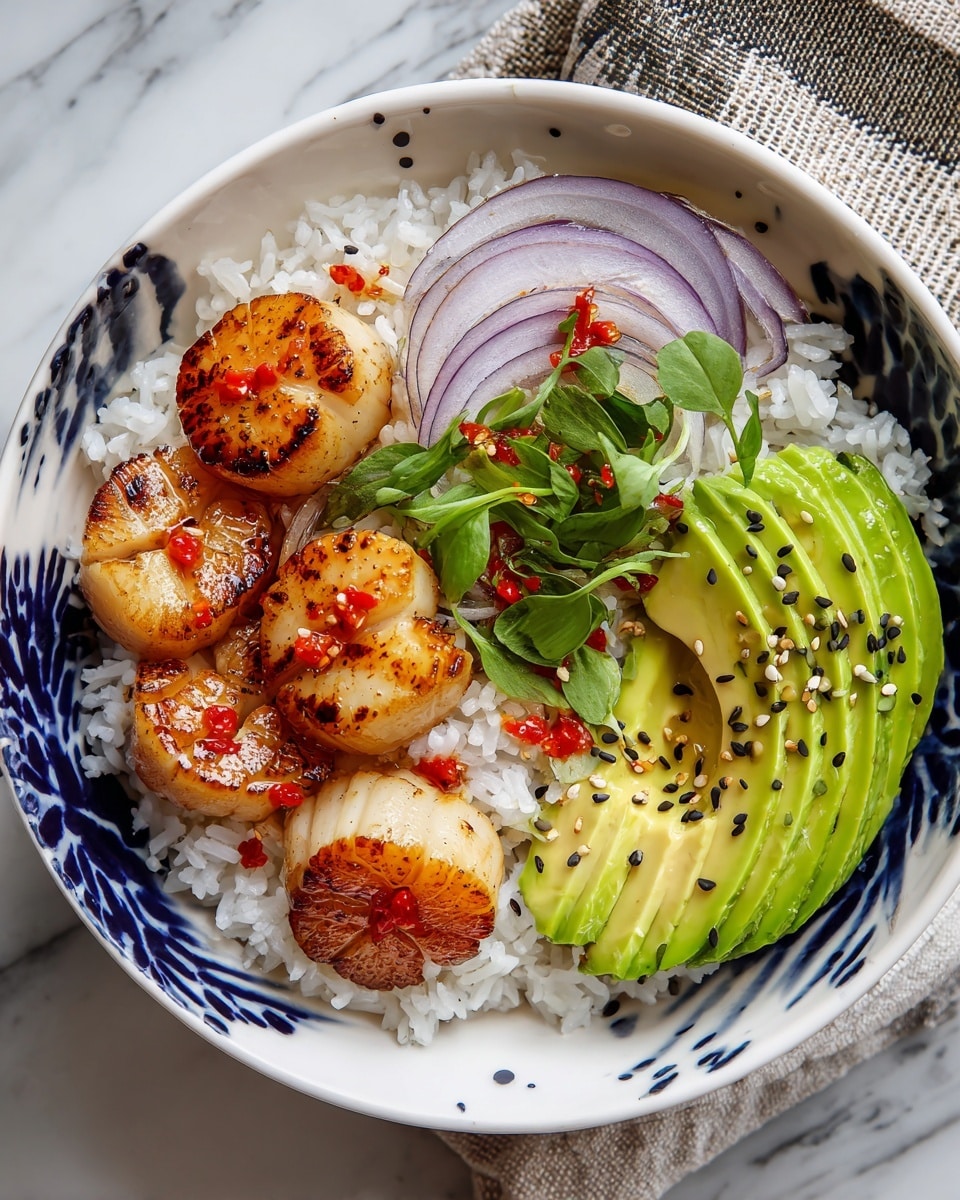 A white bowl with blue and black abstract patterns on the inside edge holds a dish with layers: the bottom layer is white steamed rice, topped with a circle of light golden brown seared scallops with char marks, scattered with small pieces of red chili sauce. To the right, thinly sliced light purple onion rings partially overlap with a neatly fanned avocado half, showing bright green color and black sesame seeds sprinkled on top. Fresh small green leaves are placed on the rice between the scallops and avocado. The bowl sits on a white marbled surface with a folded gray and beige cloth in the background. Photo taken with an iphone --ar 4:5 --v 7