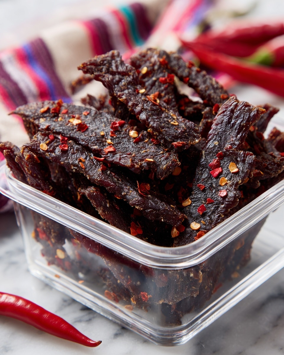 A clear plastic container filled with many dark brown to black jerky slices, each sprinkled with red chili flakes, showing rough, chewy texture. The jerky pieces are layered loosely, overlapping each other inside the container. The container is placed on a white marbled surface with parts of a colorful striped cloth and some red chili peppers blurred in the background. Photo taken with an iphone --ar 4:5 --v 7