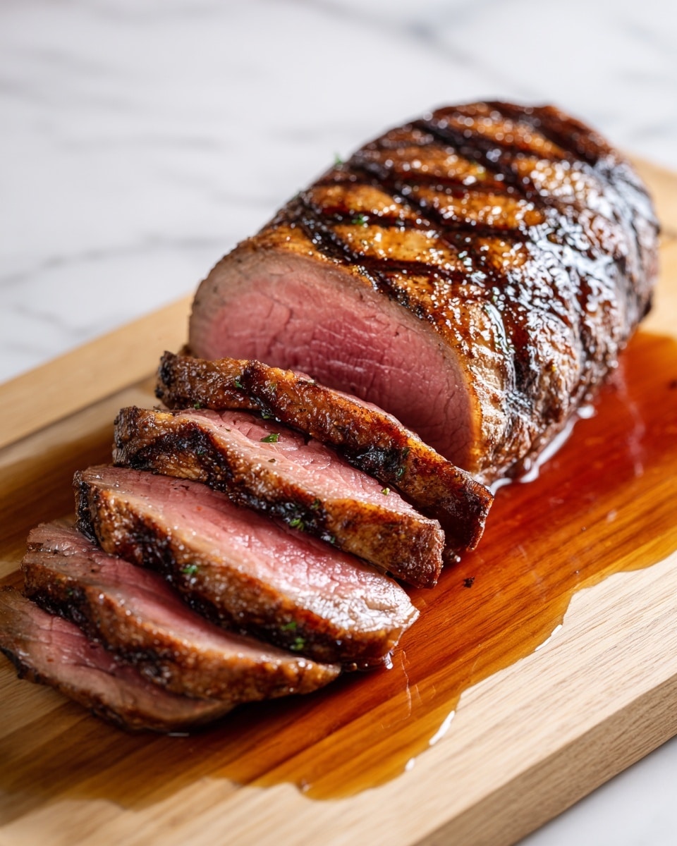 A thick, juicy roast with a rich brown, grilled outer layer and a visible texture of char marks sits on a light wooden board with a pool of reddish-brown juices surrounding it. The roast is sliced partially from one end, revealing six layers of tender, pink interior with moist, slightly marbled meat. The slices are arranged in a fan shape, showing the contrast between the dark crust and the soft pink center. The background is a white marbled texture. photo taken with an iphone --ar 4:5 --v 7