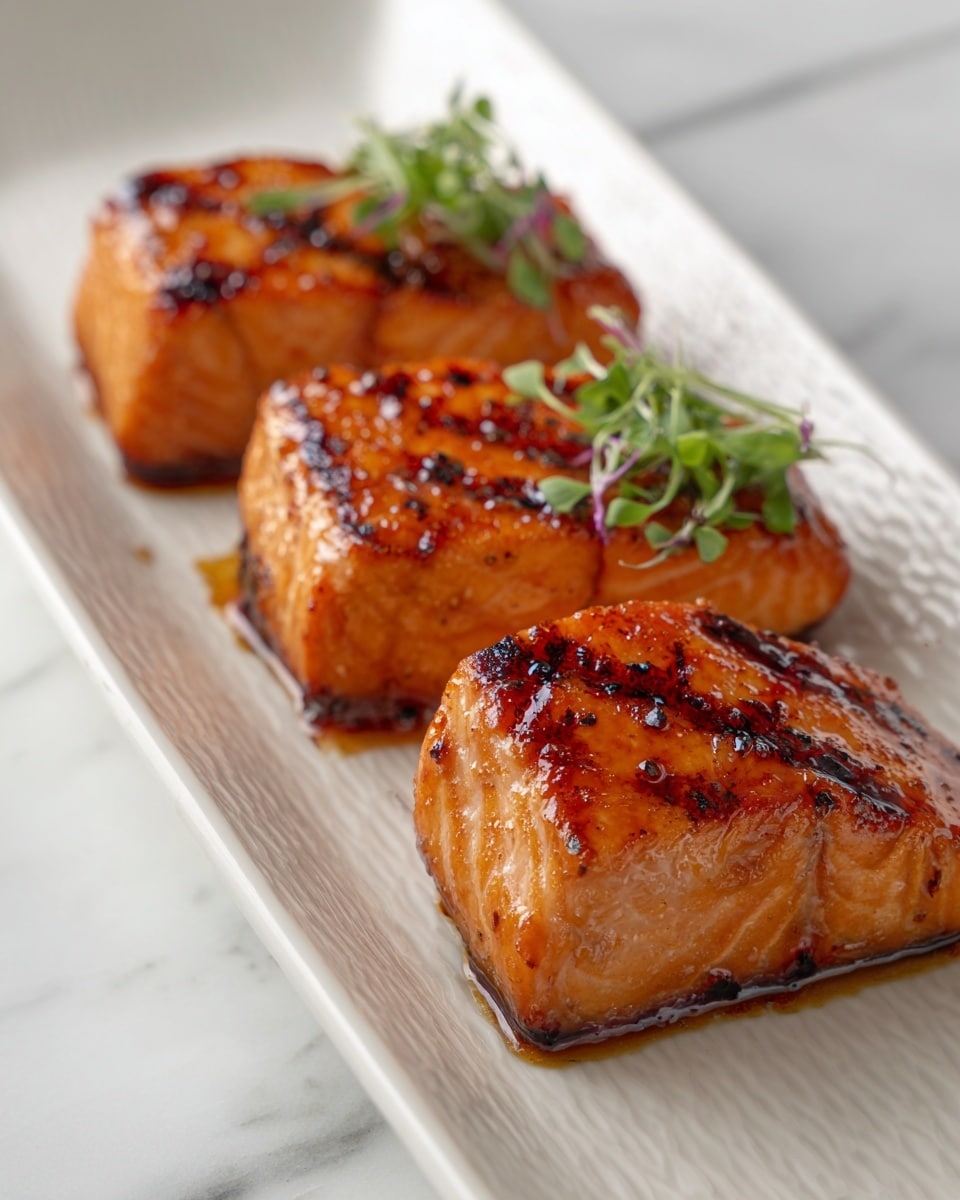Three small rectangular pieces of glossy, cooked salmon with a rich orange color and slightly charred edges are placed in a row on a long white plate with a textured surface. The salmon pieces have visible light grill marks and a moist, shiny glaze that makes them look tender and flavorful. The plate sits on a white marbled background, adding a clean and elegant contrast to the warm colors of the salmon. photo taken with an iphone --ar 4:5 --v 7