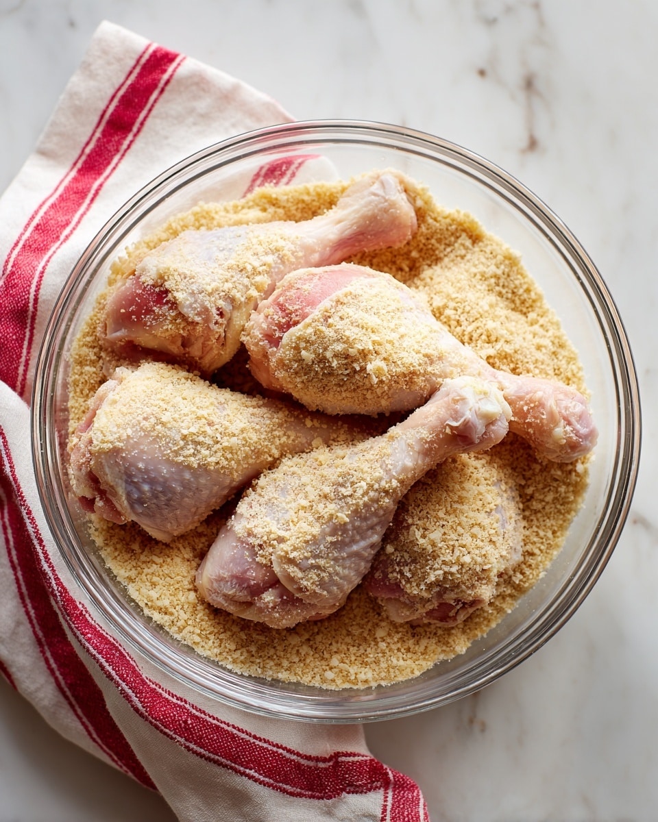 A clear glass bowl sits on a white marbled surface with a red and white striped cloth nearby. Inside the bowl are five raw chicken drumsticks arranged in a loose pile, covered with a coarse, light brown dry mixture that looks like seasoned flour. The chicken skin is pale yellow and pinkish in some areas under the layer of the dry mix, which is spread unevenly, coating most of the drumsticks but leaving some patches of skin visible. Photo taken with an iphone --ar 4:5 --v 7