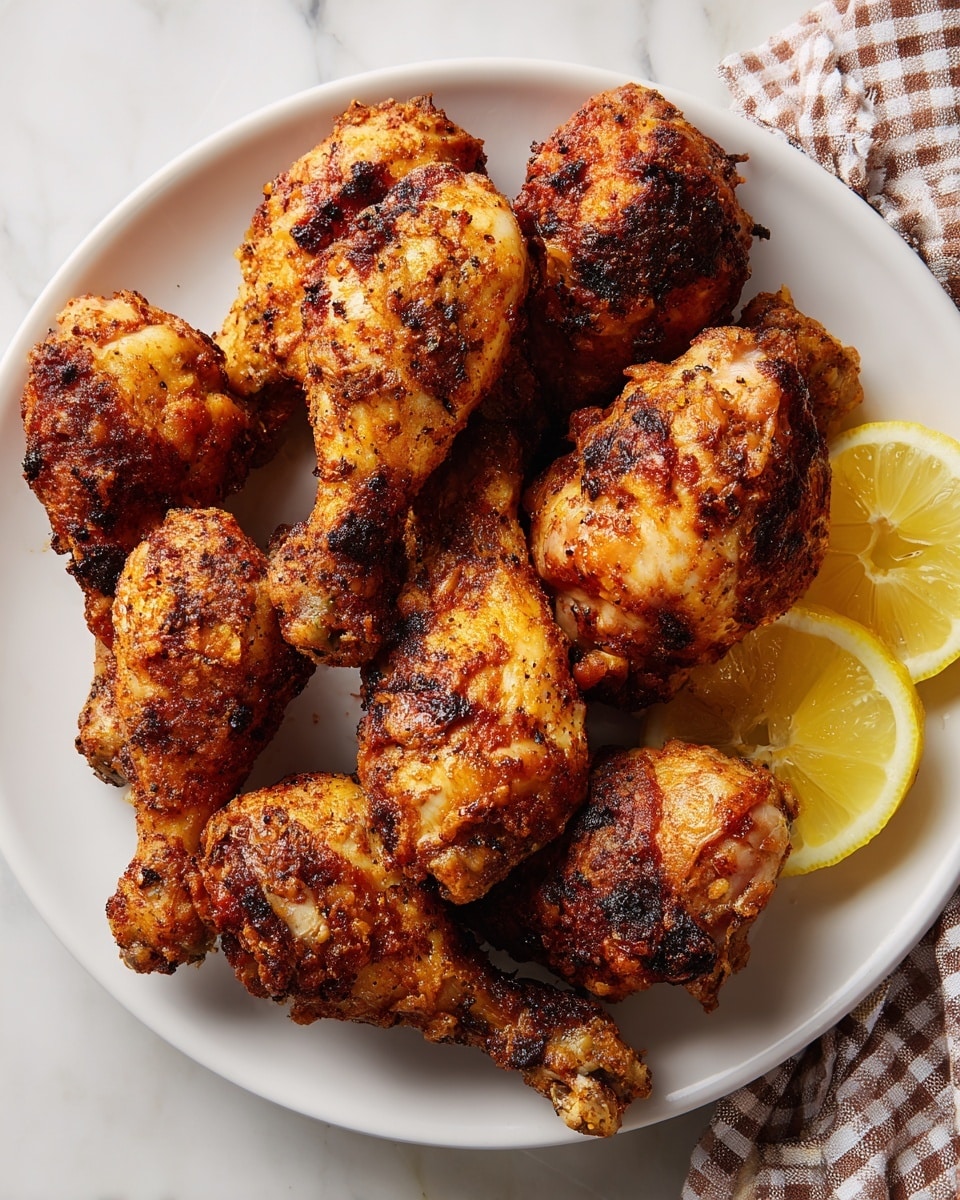 A white plate holds a pile of ten fried chicken drumsticks with a dark golden-brown, slightly crispy, and seasoned outer layer. The drumsticks vary in size and texture, showing some charring and rough, uneven surfaces from frying. On the right side of the plate, three bright yellow lemon slices add color contrast. A brown and white checkered cloth is visible at the top right corner, and the plate is placed on a white marbled surface. photo taken with an iphone --ar 4:5 --v 7