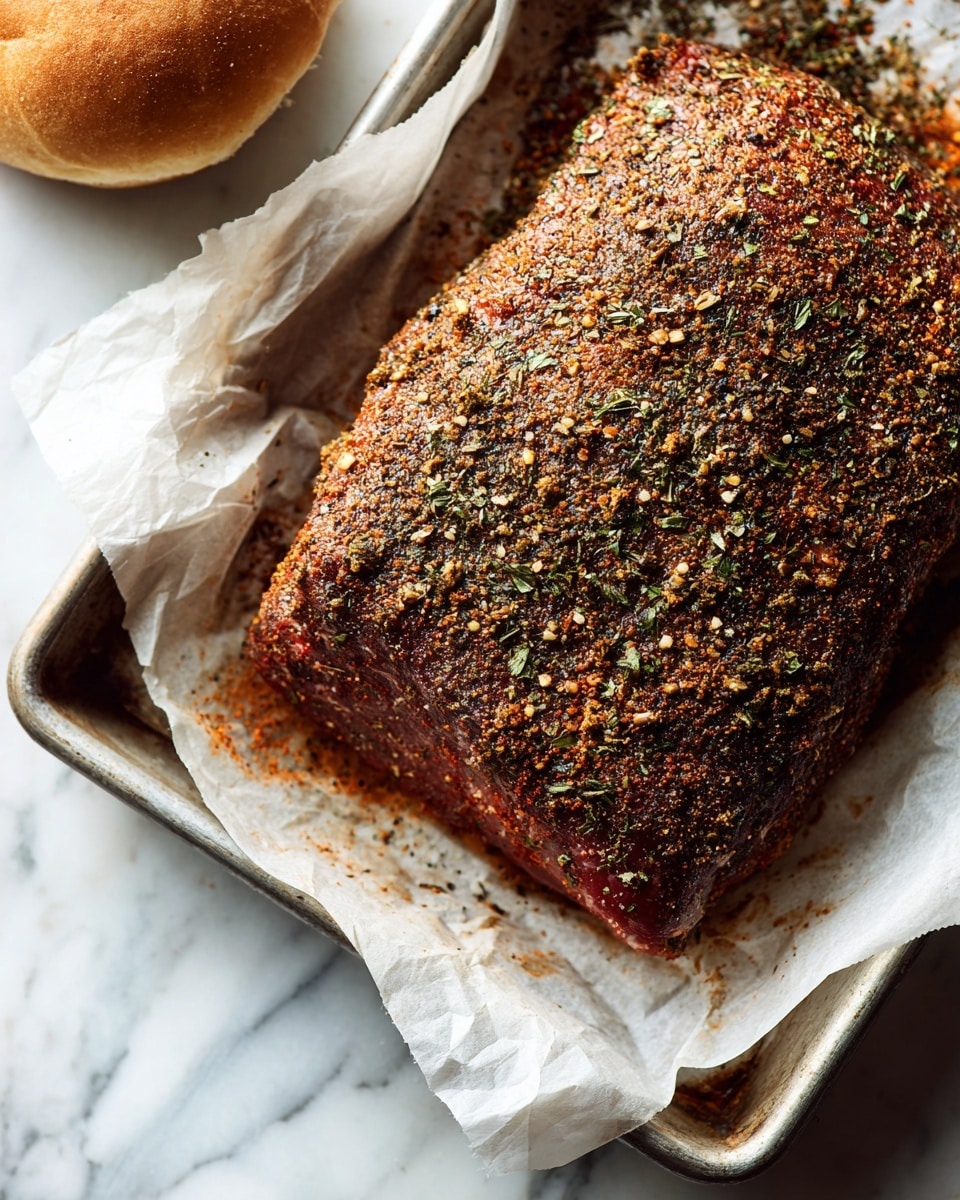 A large piece of raw meat sits on crumpled white parchment paper in a metal tray. The meat is thick and covered evenly with a rich blend of dried herbs and spices, creating a rough, textured surface in dark brown and greenish colors with some red spices underneath. The tray is placed on a white marbled surface, and the top left corner of the image shows a small part of a round bread or bun. The scene is lit by soft natural light, highlighting the coarse texture and deep colors of the seasoned meat. photo taken with an iphone --ar 4:5 --v 7