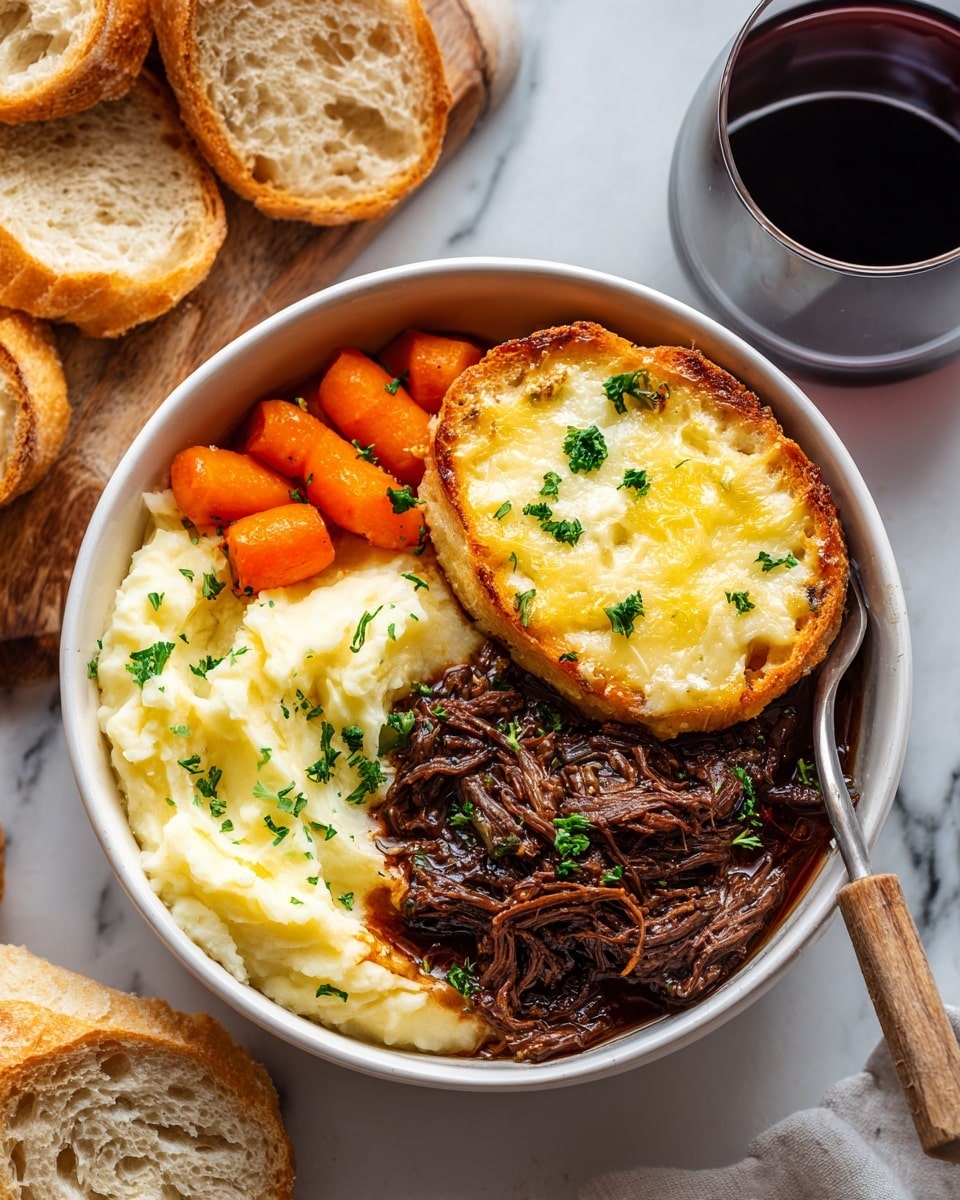The image shows a white bowl filled with three main layers: the bottom layer is creamy mashed potatoes with a soft, smooth texture and slight peaks around the edge; on top of that is a thick layer of dark brown shredded beef covered in gravy, scattered with small green parsley pieces; next to the beef, there are bright orange glazed carrot pieces slightly piled up; also in the bowl, a round slice of toasted bread with melted cheese on top sits over the beef and mashed potatoes. The bowl rests on a white marbled surface with sliced crusty bread and a glass of dark red wine nearby, with a woman’s hand holding a wooden-handled fork partially visible in the bowl. photo taken with an iphone --ar 4:5 --v 7