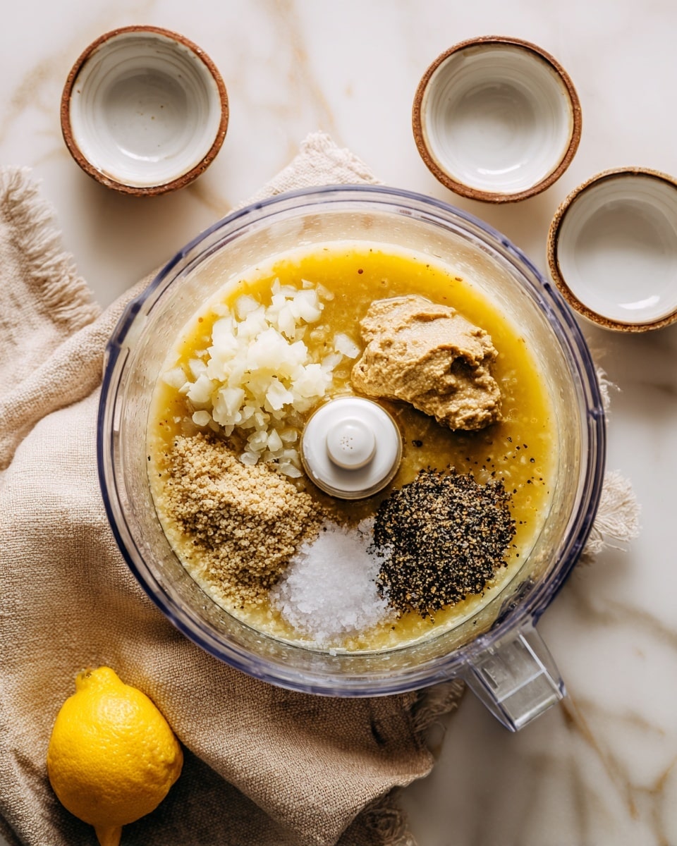 The image shows a clear food processor bowl with raw ingredients inside, placed on a soft textured beige cloth over a white marbled surface. Inside the bowl, there is a layer of golden liquid covering the bottom, topped with several small piles of different ingredients: finely chopped white pieces on the left, a thick dollop of beige mustard-like paste on the upper right, a small mound of dark speckled brown and black spices on the lower right, fine white salt near the center, and another light-brown grainy layer below the salt. Around the bowl, there are three small white bowls with brown rims, and a halved lemon is partially visible on the bottom left corner of the image. Photo taken with an iphone --ar 4:5 --v 7