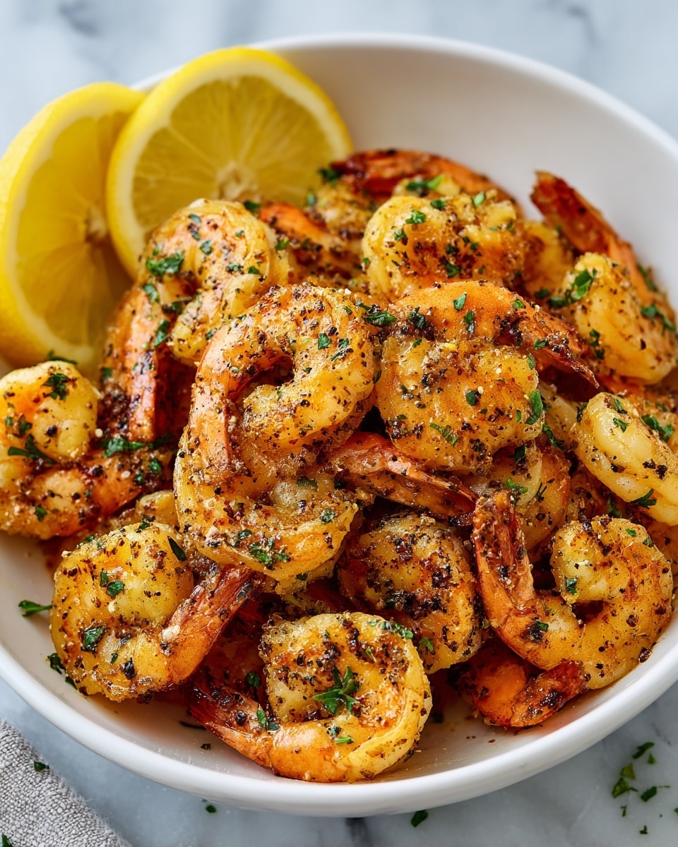A close-up view of a white bowl filled with cooked shrimp that have a golden-orange color with dark seasoning specks and chopped green herbs sprinkled on top. The shrimp are piled tightly in layers, showing a mix of smooth and slightly textured surfaces from the seasoning. Around the edge of the bowl, there are bright yellow lemon wedges adding contrast to the dish. The bowl sits on a white marbled surface with some scattered small green herb pieces nearby. photo taken with an iphone --ar 4:5 --v 7