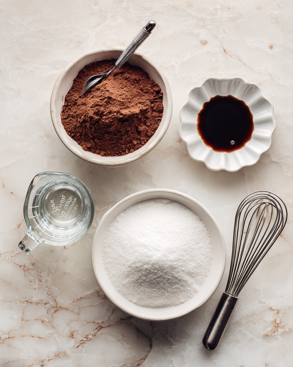 The image shows a flat lay of five items on a white marbled surface. From the top left, there is a white bowl filled with brown cocoa powder with a small metal whisk resting on it. To the right, a small white scalloped bowl holds dark brown vanilla extract. Below the vanilla bowl, a large white bowl contains a heap of fine white sugar with a slight mound in the center. To the bottom left, a clear glass measuring cup holds a small amount of water, showing measurement markings. Near the bottom right corner, there is a stainless steel whisk lying on the surface. photo taken with an iphone --ar 4:5 --v 7