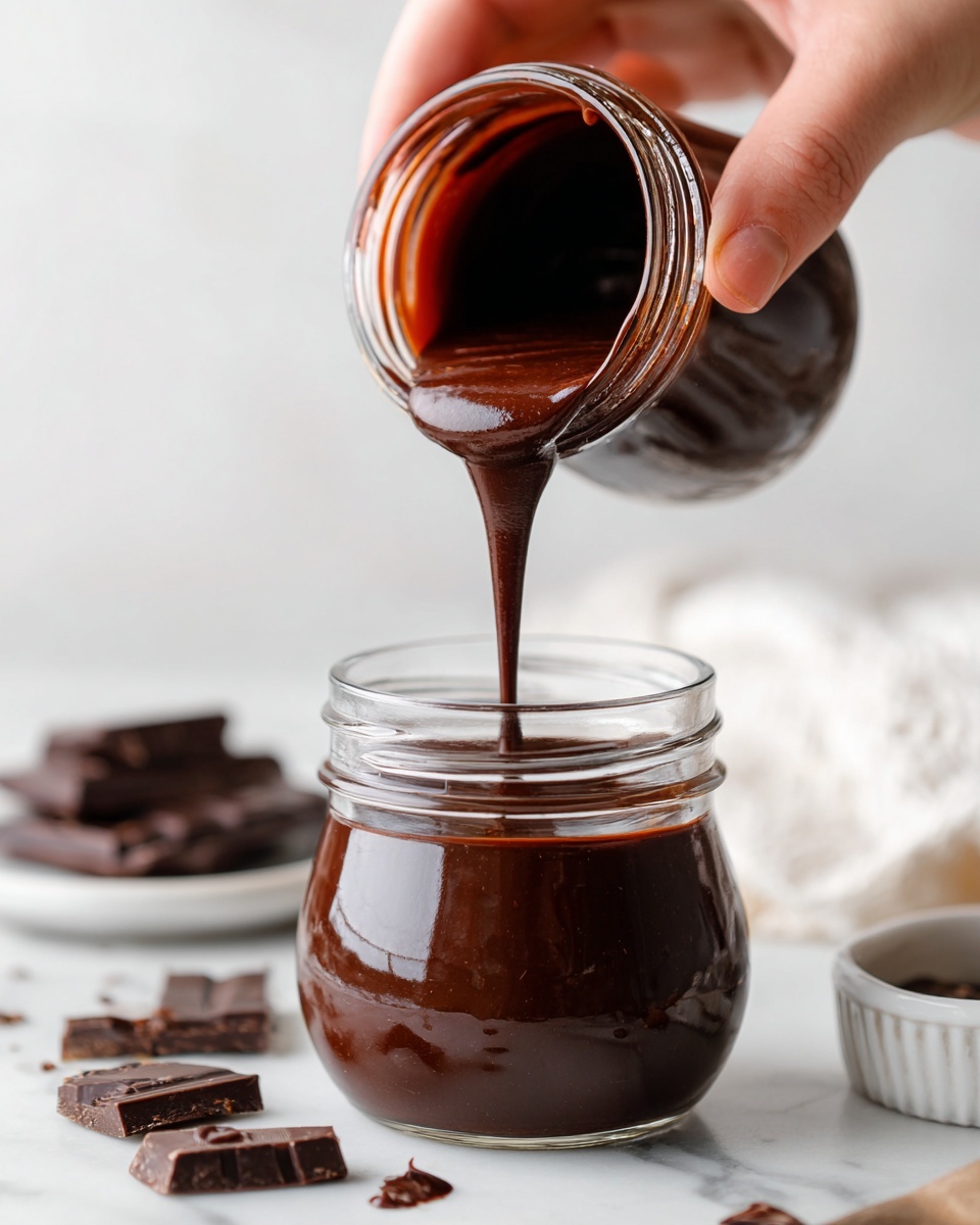A close-up image showing dark brown chocolate sauce being poured from a jar into another jar below. The sauce is smooth and thick, with a glossy texture creating a small swirl on the surface inside the jar. On the white marbled surface below, there are scattered pieces of dark chocolate and a small white dish with some chocolate sauce. A woman's hand holds the top jar, slightly out of focus, and the overall setting is bright and clean. photo taken with an iphone --ar 4:5 --v 7