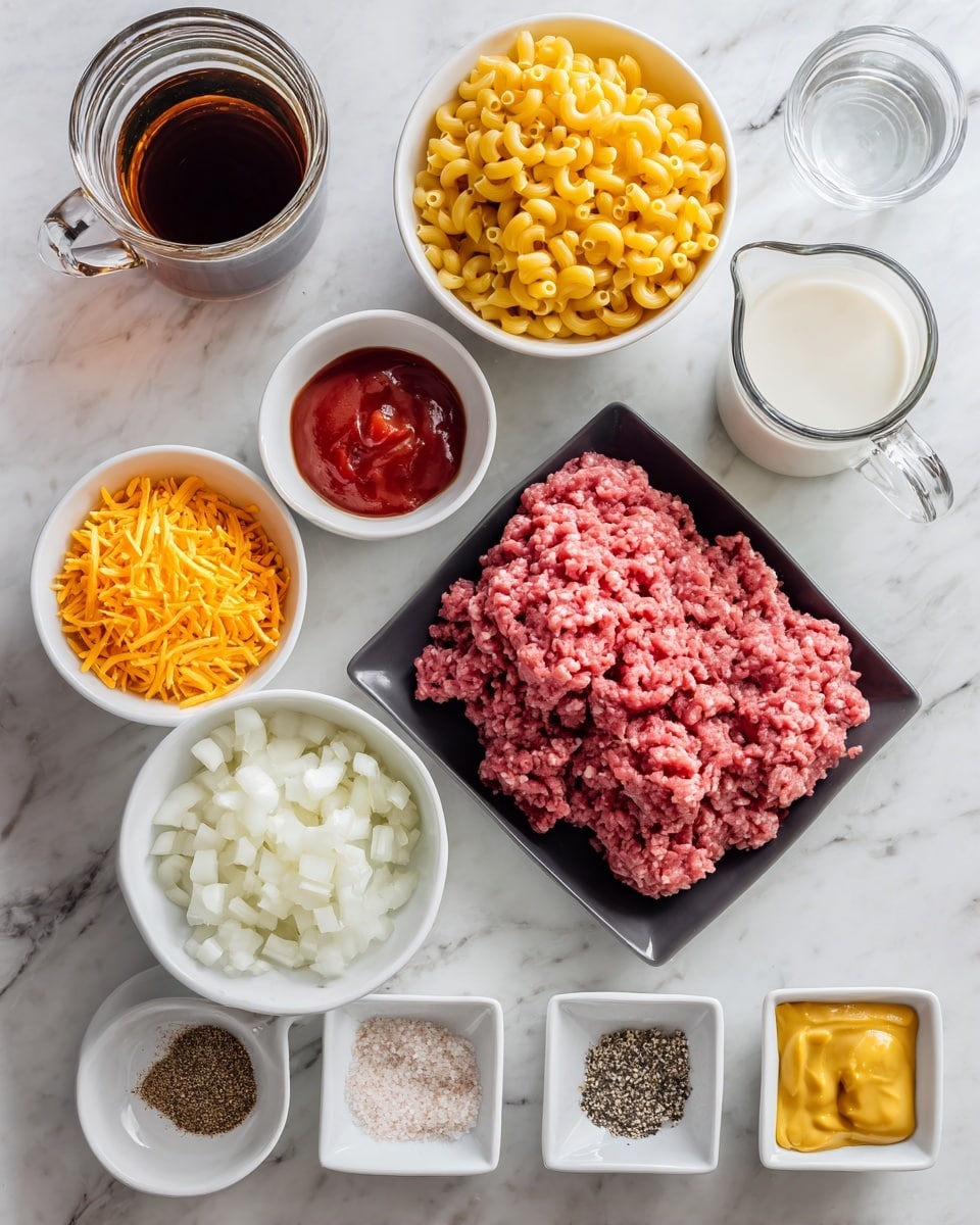 The image shows a white marbled surface with several small white bowls and containers arranged neatly. In the center, there is a black tray holding pink raw ground meat. Above this, to the left, there's a white bowl filled with bright yellow cooked macaroni, and next to it on the right, a small glass pitcher with a white creamy liquid. To the left of the meat, there's a white bowl with shredded orange cheese, below it a white bowl of chopped white onions, and below that a small white bowl with red ketchup. Below the meat tray, there are three small piles of seasonings: minced garlic, coarse salt, and black pepper, arranged from left to right. To the right of the seasonings, there is a square white dish with mustard. On the top left, there is a clear glass cup filled with dark brown liquid. The scene is bright and clean, styled for easy viewing of each ingredient, photo taken with an iphone --ar 4:5 --v 7