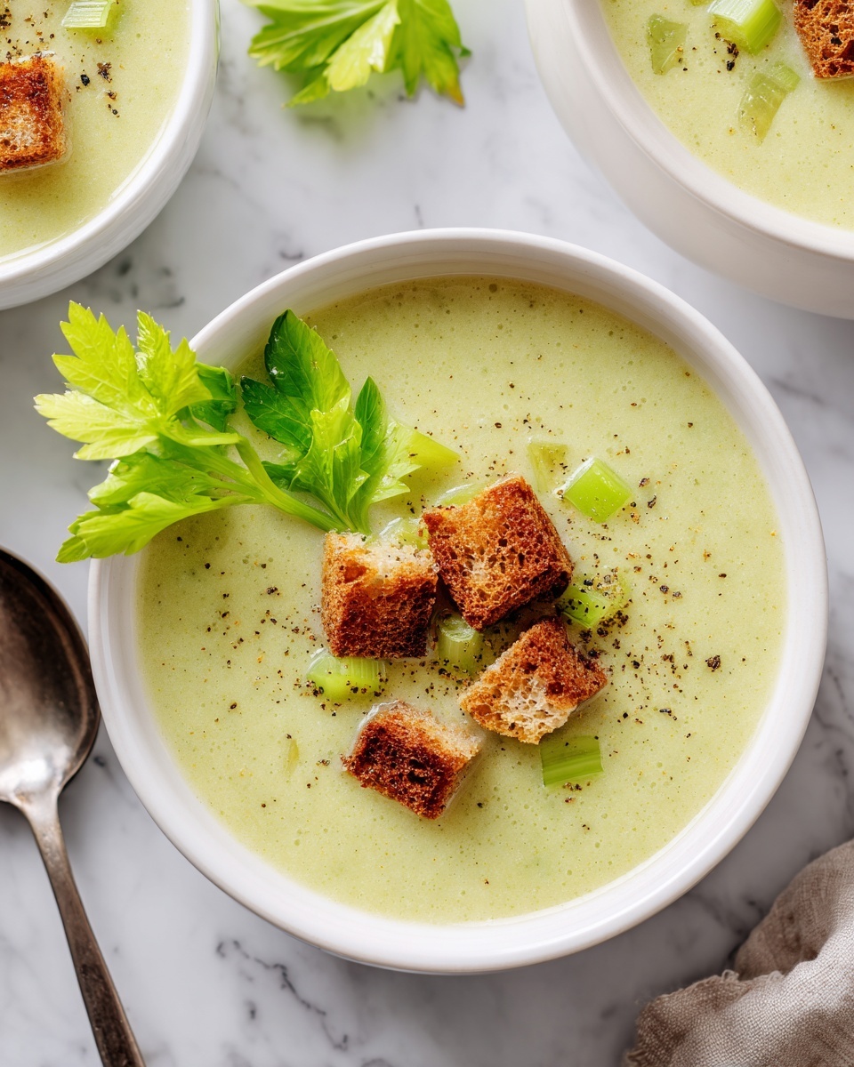 The image shows a white bowl filled with creamy light yellow soup that has pieces of sliced celery floating inside. On the surface of the soup, there are three golden-brown, crispy square croutons and some black pepper sprinkled around. A small green celery leaf is placed on the bowl's edge for decoration. In the background, there is another white bowl with the same soup and croutons, slightly out of focus. The setting is on a white marbled surface with a soft blurred background. Photo taken with an iphone --ar 4:5 --v 7
