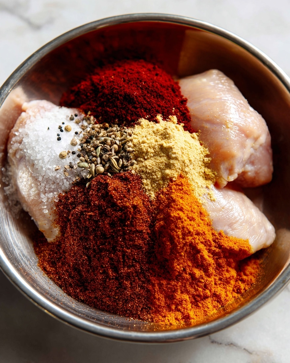 A close-up image of two raw chicken pieces inside a silver metal bowl, placed on a white marbled surface. On top of the chicken, there are multiple layers of spices and sauces: coarse white salt and ground black pepper on the left chicken piece near the edge; a bright red powder, a pale yellow powder, and a darker red powder stacked closely in the middle; a thick layer of reddish-brown spice mix on the right chicken piece; and a smooth bright orange-red sauce spread at the bottom, partially covering the chicken pieces. The surface of the ingredients shows a mix of smooth, grainy, and liquid textures. Photo taken with an iphone --ar 4:5 --v 7