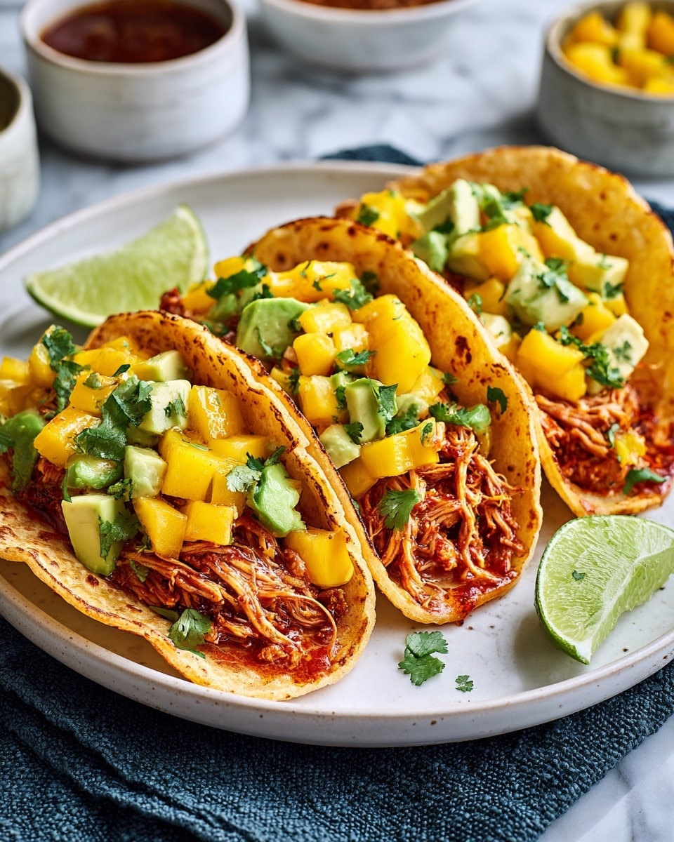A white plate holds three tacos arranged in a row, each with a lightly toasted corn tortilla shell. The bottom layer inside the tortillas is shredded, reddish-orange meat. On top are chunky pieces of bright yellow mango mixed with green avocado cubes and small bits of fresh cilantro. A reddish sauce is drizzled over the top, adding a splash of color. Lime wedges are placed on the side of the plate. The plate is set on a white marbled surface with a textured dark blue cloth nearby, and blurred small white bowls with sauces are visible in the background photo taken with an iphone --ar 4:5 --v 7