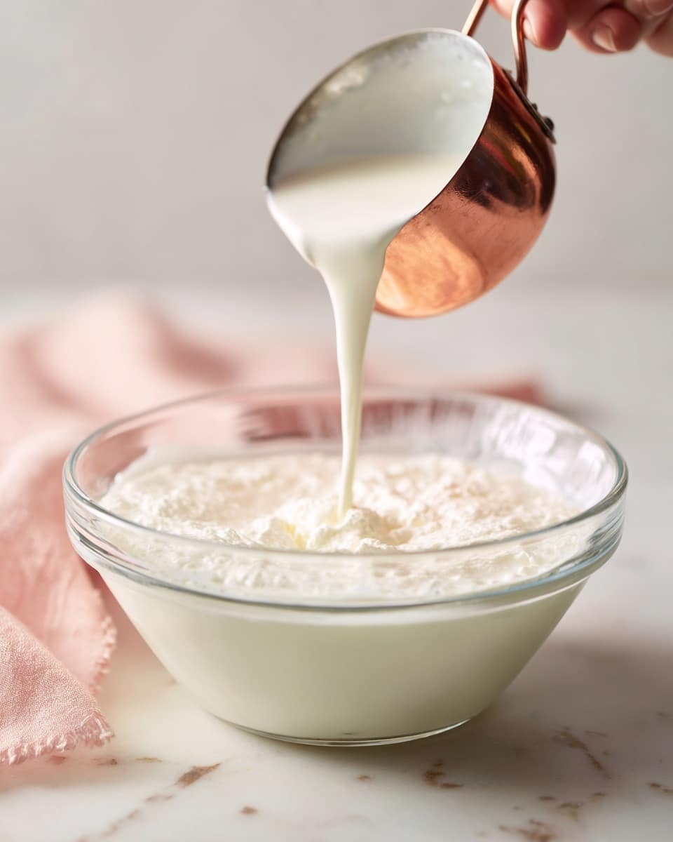 A clear glass bowl sits on a white marbled surface filled with a fluffy white mixture that looks like whipped cream or batter. A copper measuring cup held by a woman's hand is pouring a smooth, creamy white liquid into the bowl, creating a gentle flow mid-pour. The textures show a soft, thick mixture with the liquid blending in smoothly. The background is softly blurred with a light pink cloth adding a gentle color contrast, but the main focus is on the action of pouring and the creamy white ingredients in the bowl. Photo taken with an iphone --ar 4:5 --v 7