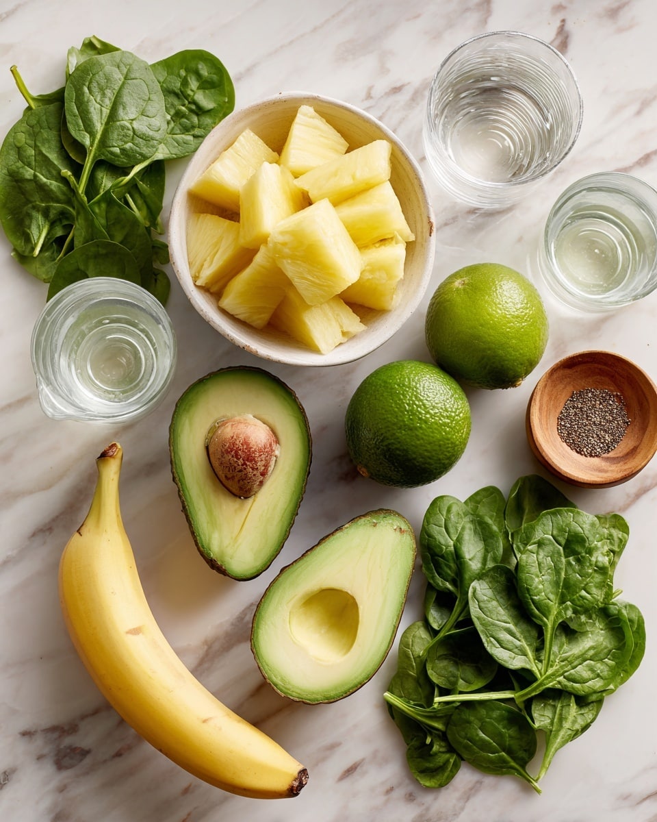 The image shows various fresh ingredients arranged neatly on a white marbled surface. In the center, there are two avocado halves, one with the brown seed and the other without, showing their smooth green flesh. Above the avocados is a white bowl filled with yellow pineapple chunks. Two whole bright green limes stand near the avocados, with one lime cut in half, showing its juicy interior. A bunch of fresh dark green spinach leaves is placed on both the left and right sides of the image. A ripe yellow banana lies diagonally near the bottom left spinach bunch. There are three small clear glasses, one with a white liquid and another empty, while the third glass is partially visible. A small wooden bowl containing a ground spice or seeds is also part of the arrangement. The photo taken with an iphone --ar 4:5 --v 7
