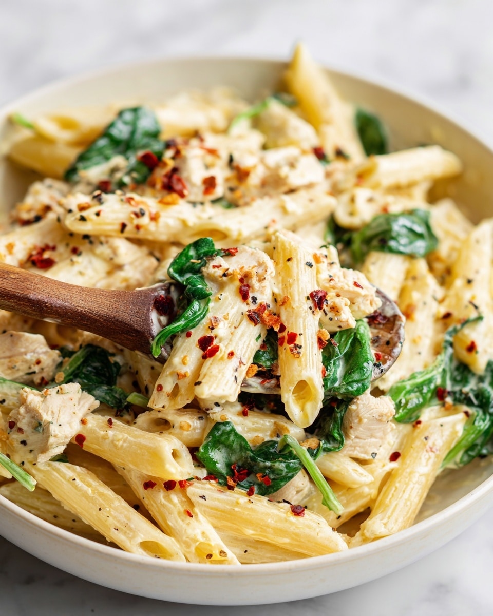 A close-up view of a white bowl filled with creamy pasta showing about three layers: tubular penne pasta in a light creamy sauce forms the base, scattered with bright green spinach leaves adding fresh color and texture, and small pieces of cooked white chicken mixed in evenly. There are some spices like black pepper and red chili flakes sprinkled on top, and a wooden spoon partially covered in sauce is lifting some of the pasta. The bowl sits on a white marbled surface, giving a clean, fresh look. Photo taken with an iphone --ar 4:5 --v 7