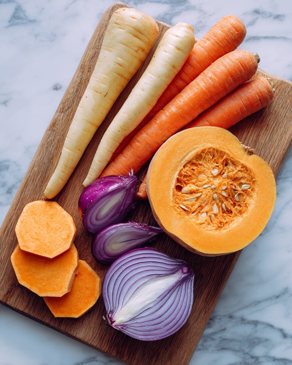 The image shows a wooden board with an arrangement of fresh raw vegetables. There are three large orange carrots lying horizontally, next to three pale yellow parsnips placed on top and slightly angled. At the bottom left, there are two thick slices of orange sweet potato with rough skin edges facing outward. On the bottom right, a round slice of pumpkin with visible seeds and fibrous texture fills the space, while above it a purple onion is halved, showing its smooth white inner layers with purple rings. The background is a white marbled texture. Photo taken with an iphone --ar 4:5 --v 7