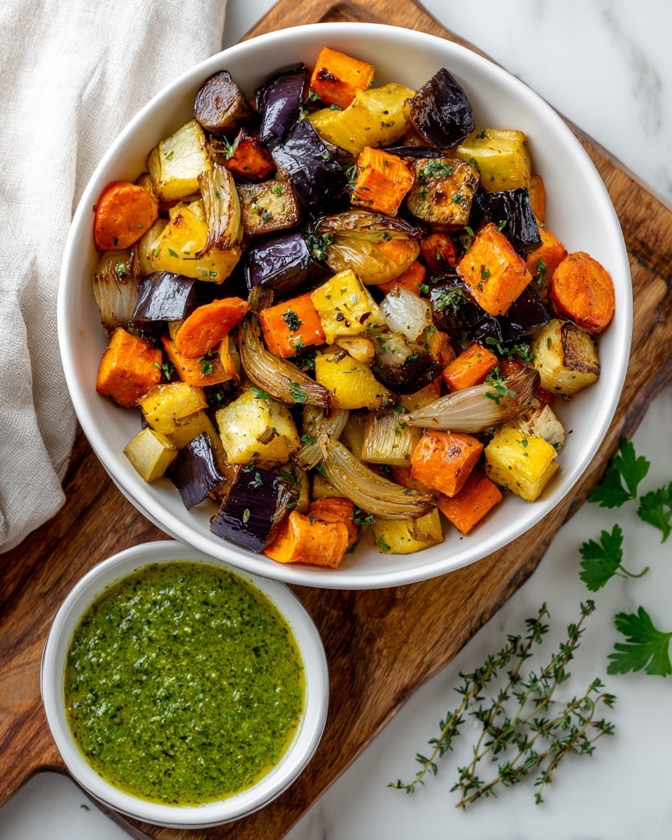 A white bowl sitting on a wooden board contains a mix of roasted vegetables including dark purple eggplant pieces, orange carrots, golden yellow squash, and translucent caramelized onion slices. The vegetables are cut into small cubes and wedges with a slightly browned, roasted texture and are sprinkled with green herbs. A small white bowl filled with bright green pesto sauce garnished with fresh parsley leaves is placed to the right on a white marbled surface, with some thyme sprigs scattered around the scene. Photo taken with an iphone --ar 4:5 --v 7
