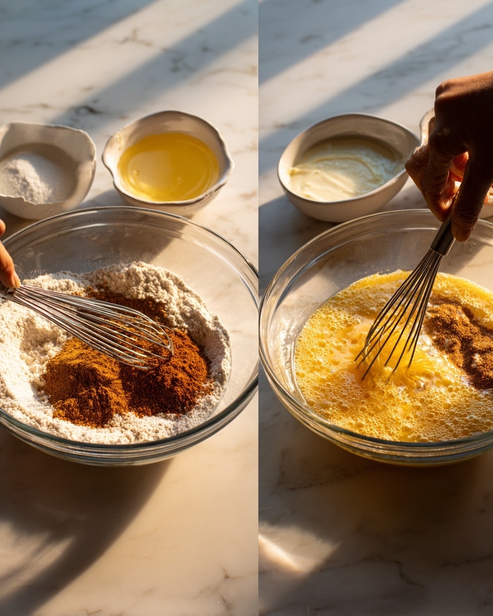The image shows two side-by-side views of baking preparation on a white marbled surface. On the left, a clear glass bowl contains dry flour and brown spices, with a metal whisk resting inside. Next to the bowl is a white bowl filled with melted butter and a glass container with a creamy liquid. On the right, the same glass bowl with dry ingredients is seen as a yellowish mixture is being poured over the dry layer, creating a foamy wet top texture. A woman's hand is not visible but implied to be pouring the liquid. The scene is lit warmly and focused on the texture and mixture in the bowl, photo taken with an iphone --ar 4:5 --v 7