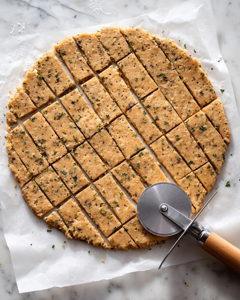 A round piece of light brown dough with visible green herb specks is rolled out thin on white parchment paper on a white marbled surface; the dough is marked with a grid of small square cuts plus small fork holes covering the entire surface, and a metal pizza cutter with a wooden handle lies on the right side of the sheet, ready for slicing photo taken with an iphone --ar 4:5 --v 7