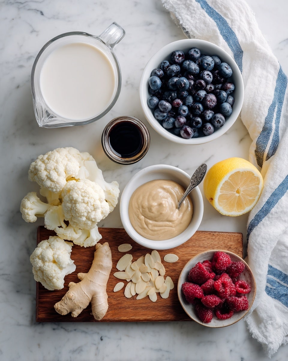The image shows several ingredients neatly arranged on a white marbled surface: a clear glass measuring cup filled with white liquid at the top left, a small white bowl full of dark blue frozen blueberries to its right, and a small dark bottle of vanilla extract beside it. Below, a white bowl with almond butter and a spoon inside is placed next to a fresh piece of ginger and a halved lemon slice on the far right. On the bottom left, a wooden board holds a peeled banana, several cauliflower florets, frozen red raspberries in a small white bowl, and a scattering of almond slices on the surface. A white towel with blue stripes is in the upper right corner. photo taken with an iphone --ar 4:5 --v 7