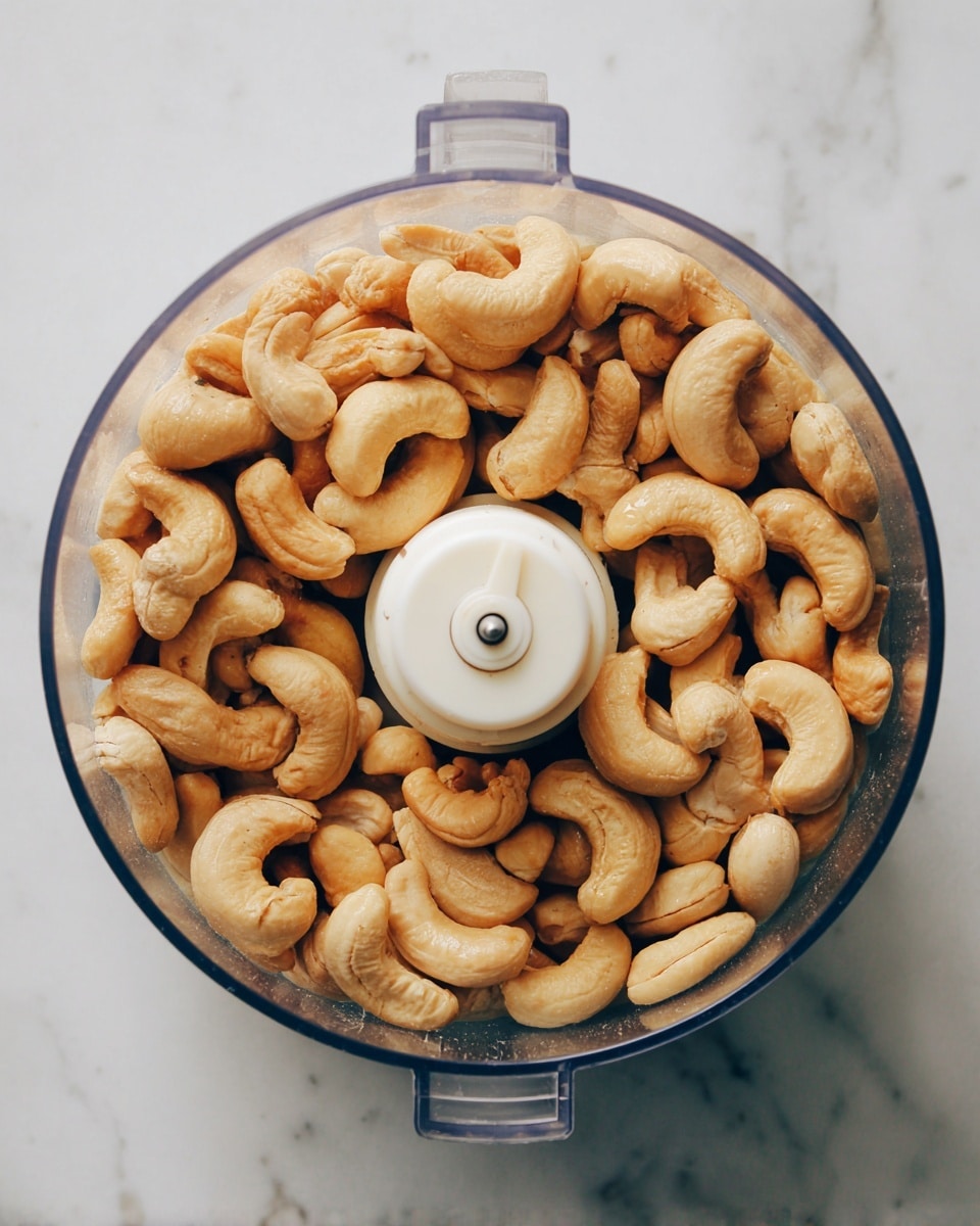 A clear food processor bowl filled with whole, light brown cashew nuts sitting tightly together. The cashews have smooth, curved shapes and a few small dark spots. The white center blade holder is visible in the middle, surrounded by the nuts. All this is set on a white marbled surface. photo taken with an iphone --ar 4:5 --v 7