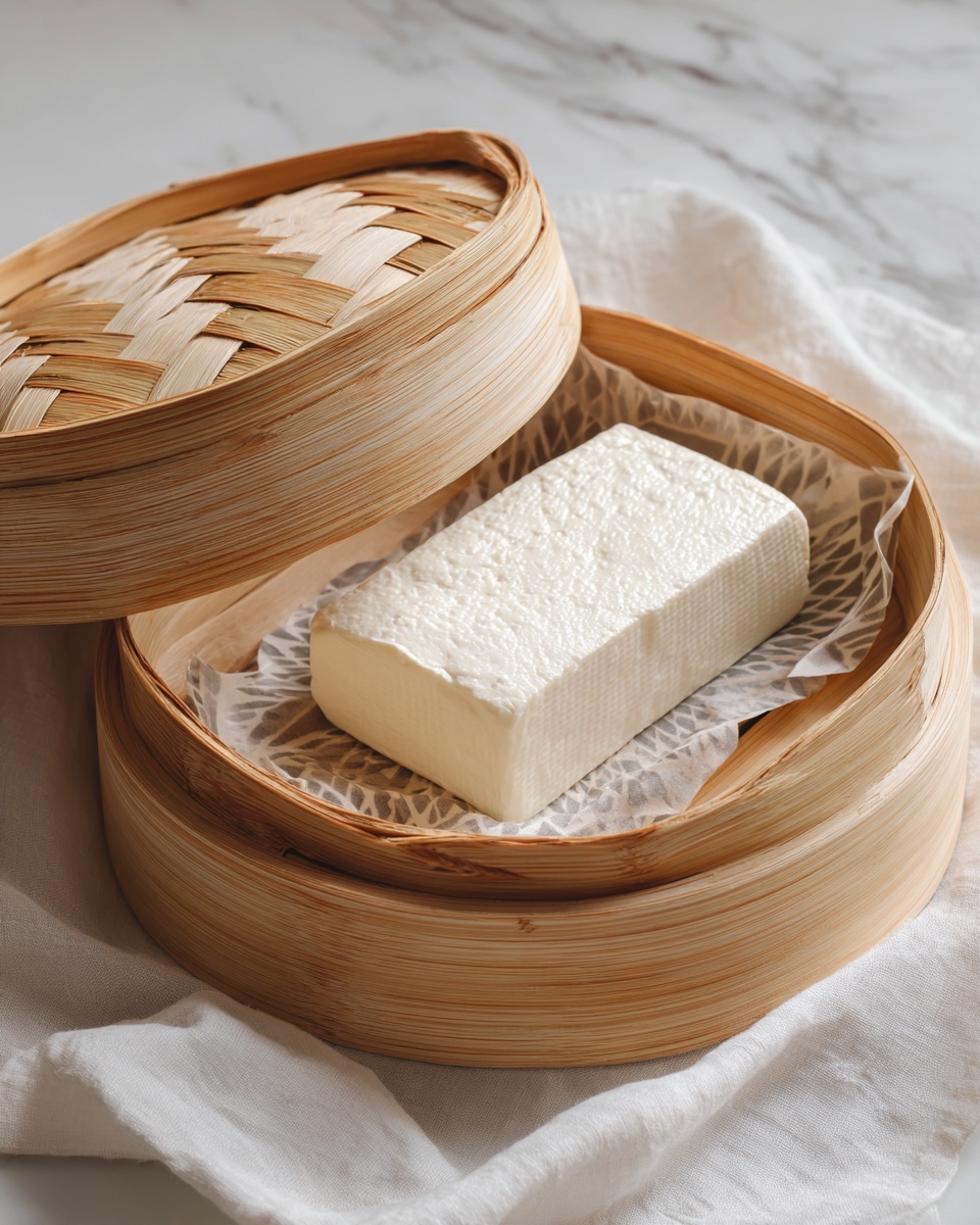 A white block of soft tofu with smooth texture sits inside a round bamboo steamer. The tofu has a clean rectangular shape with slightly raised edges and is placed on a piece of patterned paper. The steamer lid, made of woven bamboo, rests partially open on the edge, showing the tofu inside. The whole setup is on a soft white cloth, with a white marbled surface in the background. photo taken with an iphone --ar 4:5 --v 7