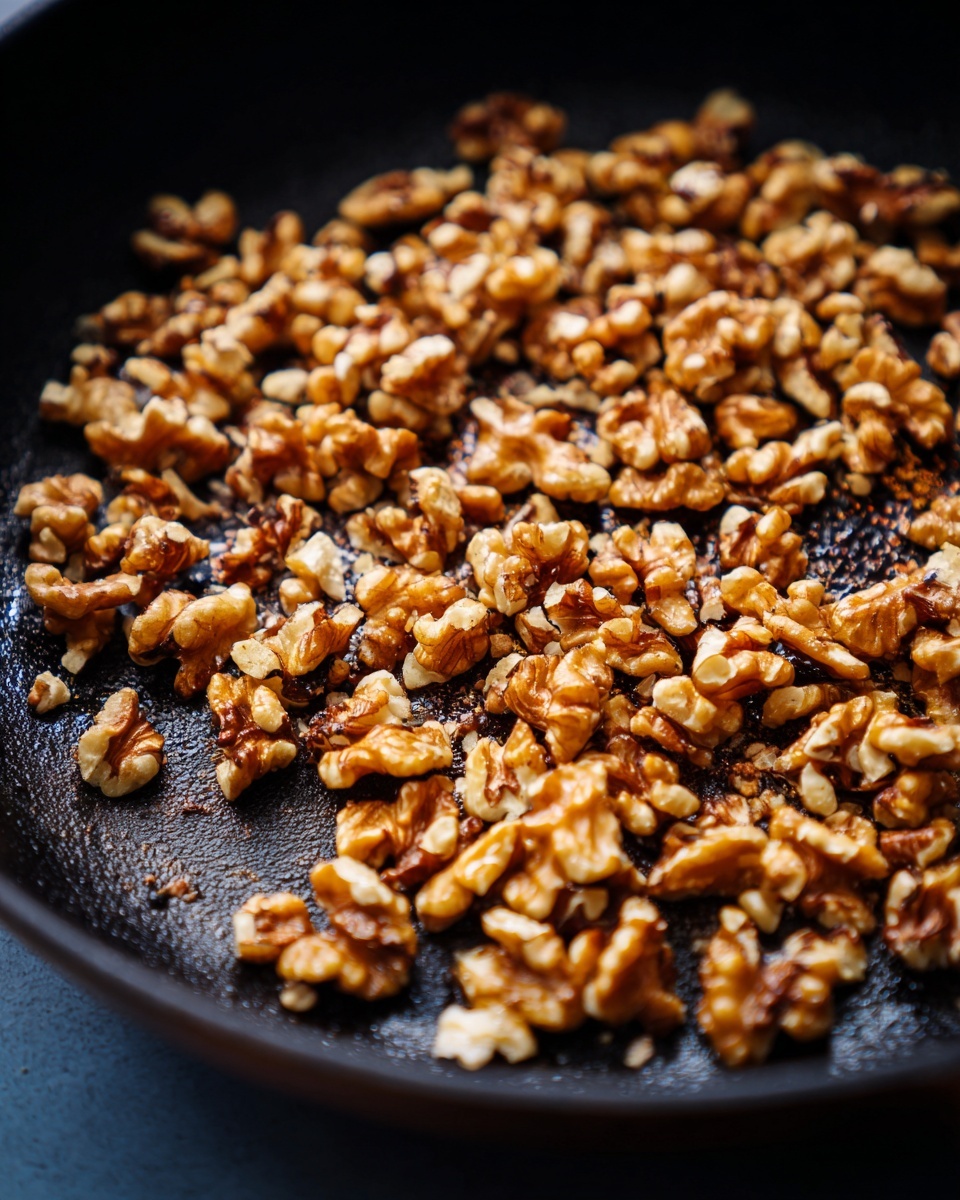 A close-up view of a black cast iron pan filled with a single layer of toasted walnuts. The walnuts are light brown to golden with some pieces showing charred dark spots, giving them a slightly rough and varied texture. The pan surface is dark and matte, contrasting with the warm, earthy tones of the walnuts. The background is soft and out of focus, emphasizing the pan and nuts. photo taken with an iphone --ar 4:5 --v 7