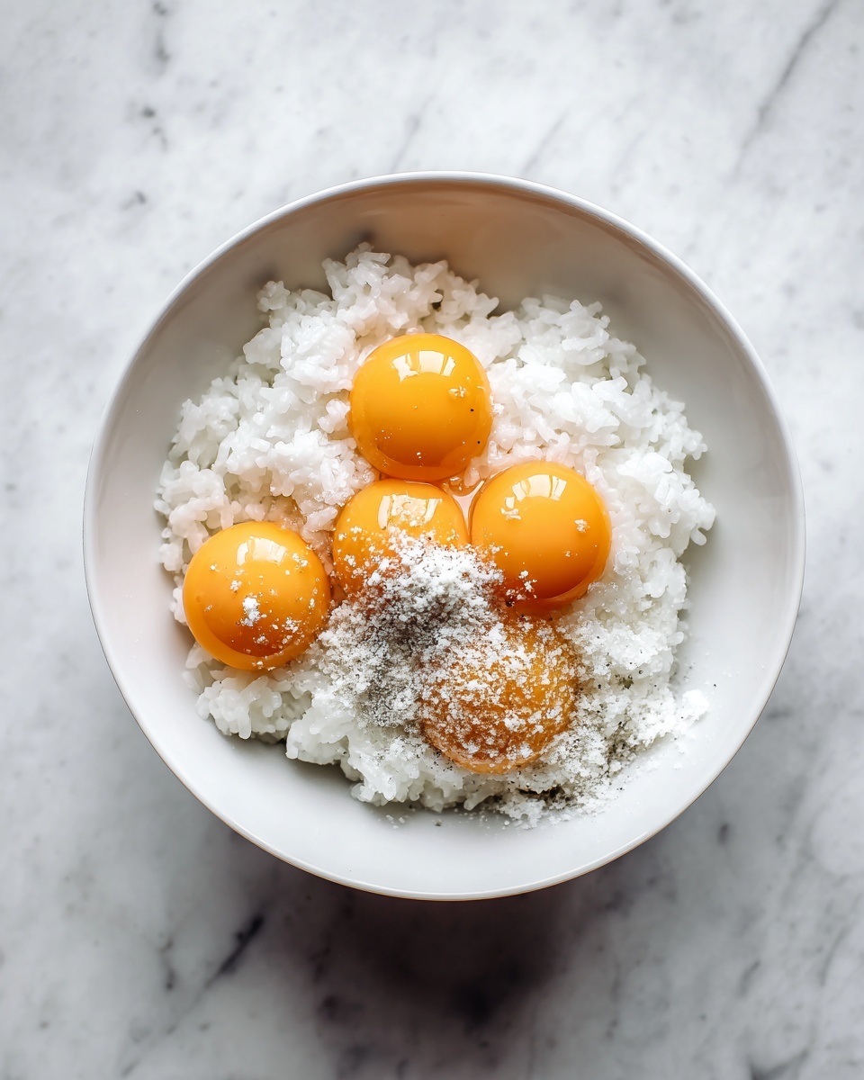 A white bowl holds a bed of fluffy white rice as the base layer, with four bright orange egg yolks placed on top, one yolk slightly broken with a light dusting of fine grayish-white powder sprinkled over it. The bowl sits on a white marbled surface, giving a clean and simple look. Photo taken with an iphone --ar 4:5 --v 7