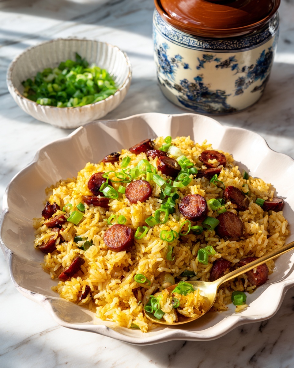 A close-up view of a scalloped white ceramic plate filled with bright yellow fried rice mixed with slices of dark red sausage and topped with chopped green onions. On the right side of the plate, a golden spoon rests on the rice holding some green onion slices and rice grains. In the background, there is a small white bowl with more chopped green onions and a ceramic brown container with a blue floral design, all set on a white marbled surface. The lighting is bright and natural, highlighting the texture of the rice and toppings photo taken with an iphone --ar 4:5 --v 7