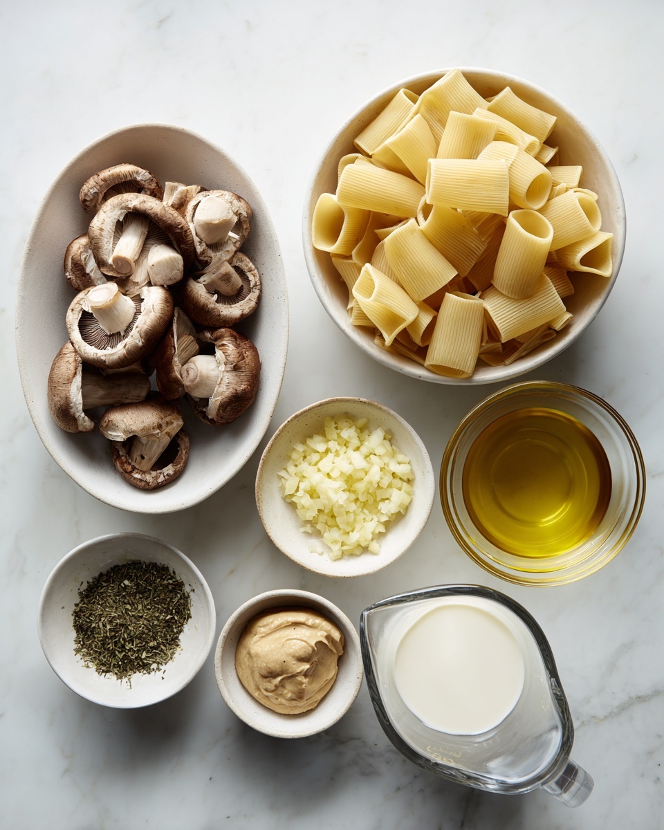 The image shows six separate white bowls on a white marbled surface, each holding a different ingredient. The largest bowl, at the bottom left, is filled with halved brown mushrooms showing their dark gills and smooth caps. Above it is a bowl filled with large, hollow, tube-shaped pasta pieces in a pale yellow color. To the right of the pasta is a small bowl with finely chopped light yellow garlic. Below that is a bowl containing a thick, light brown paste, while next to it is a clear glass bowl filled with golden yellow olive oil. At the bottom left is a small white bowl holding a mix of dried green herbs and some white salt. Finally, at the bottom right corner, there is a clear measuring jug filled with white creamy liquid. photo taken with an iphone --ar 4:5 --v 7