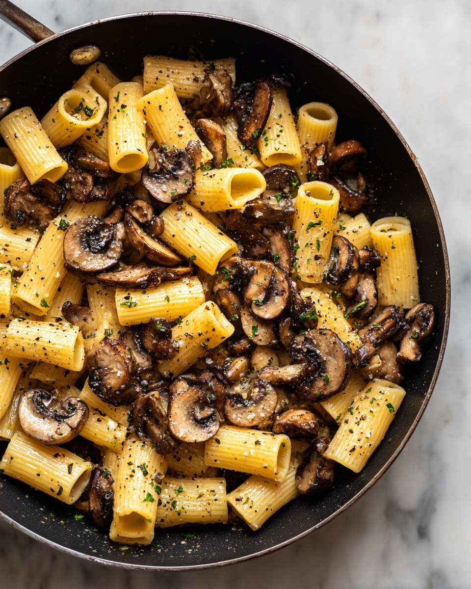 The image shows a close-up of a black frying pan filled with pasta and mushrooms. The pasta is tube-shaped, pale yellow, with a smooth and slightly shiny surface, scattered evenly throughout the pan. The mushrooms are sliced, cooked to a dark brown color, and mixed well among the pasta. Tiny specks of herbs and black pepper are visible on the pasta and mushrooms, adding texture and seasoning. The frying pan sits on a white marbled surface, and the overall lighting is soft, highlighting the creamy and cooked textures of the dish. photo taken with an iphone --ar 4:5 --v 7